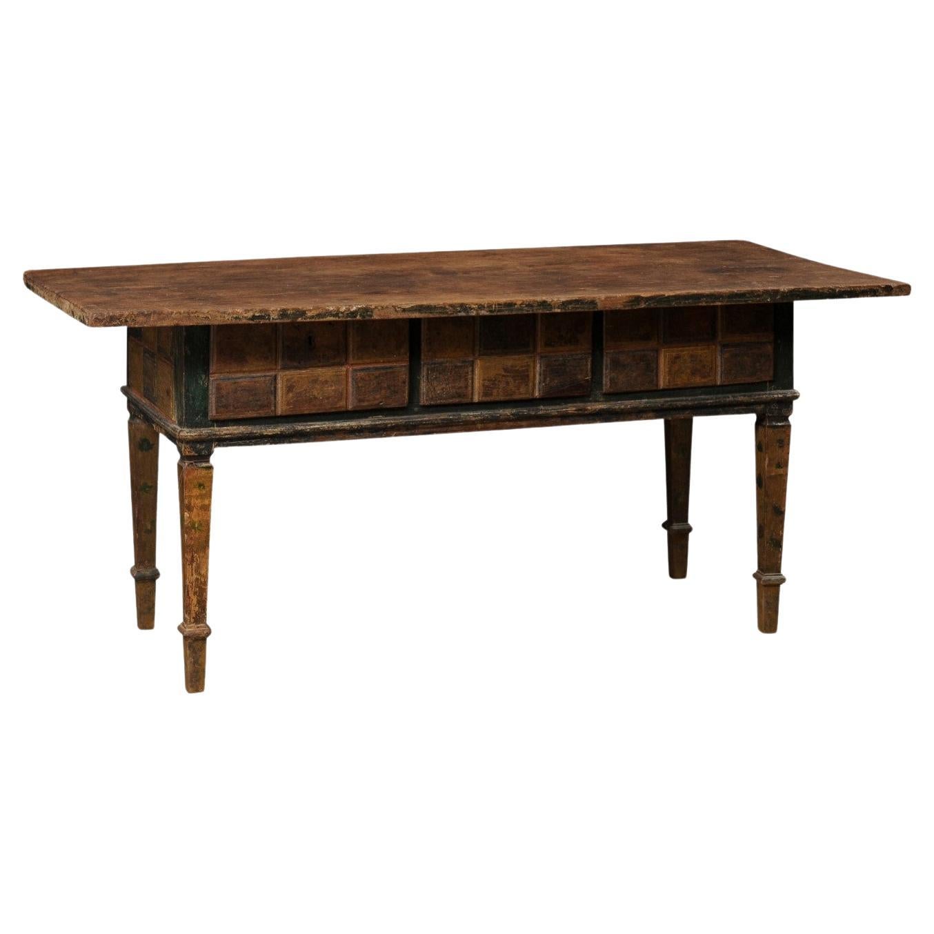 19th C. Spanish Table W/Drawers & Geometric Carved Apron Has Wonderful Colors