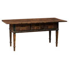 19th C. Spanish Table W/Drawers & Geometric Carved Apron Has Wonderful Colors