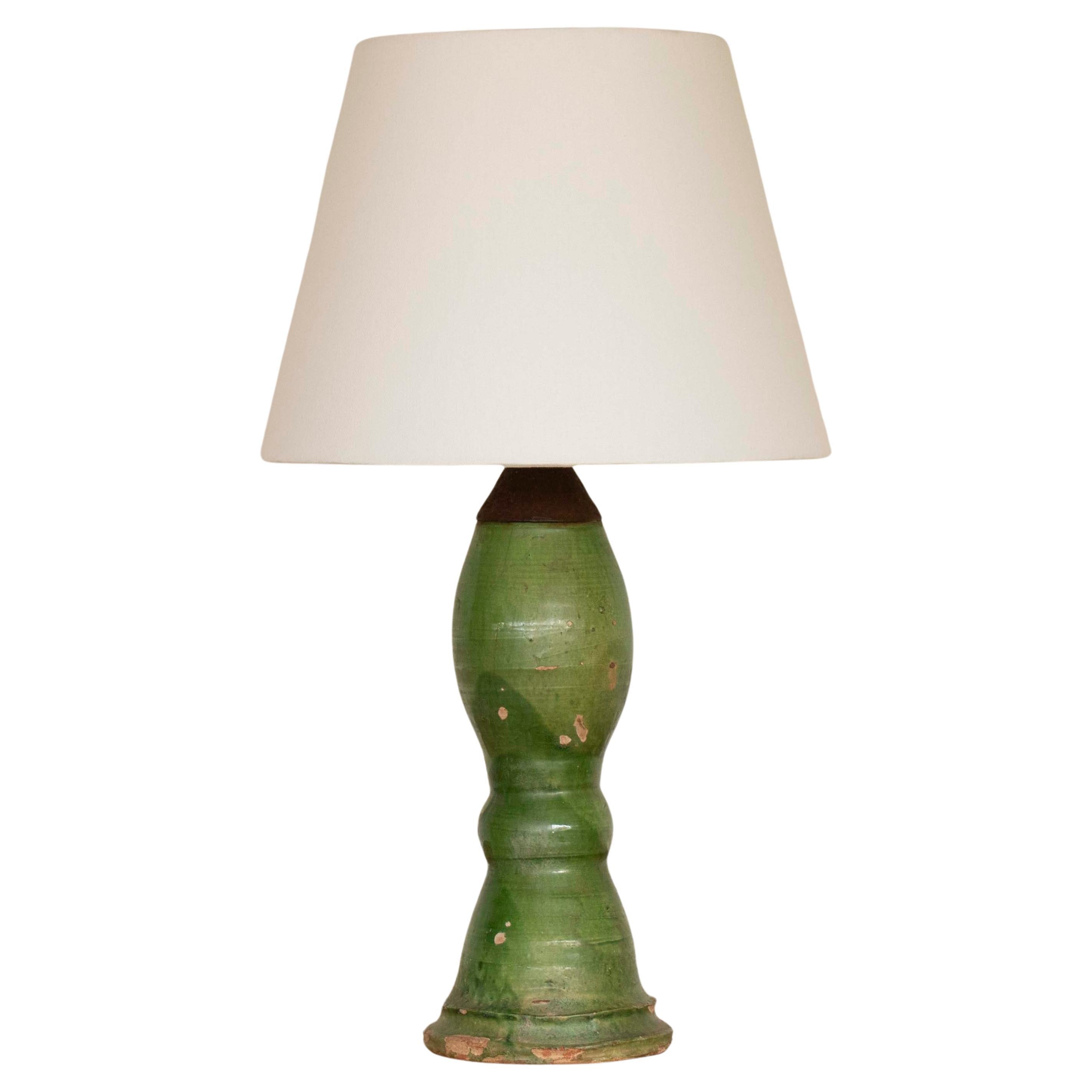 19th C. Spanish Terracotta Green Glaze Lamp
