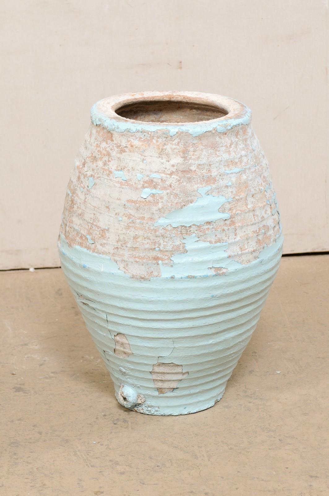 19th C. Spanish Vessel w/Lovely Patina & Pale Blue Glaze For Sale 5