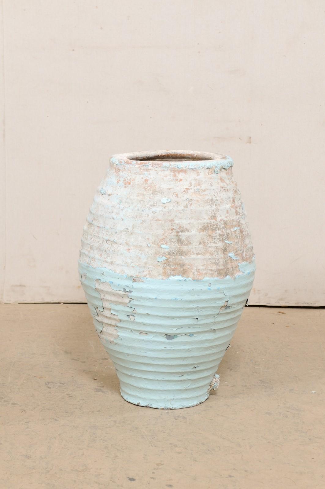 Clay 19th C. Spanish Vessel w/Lovely Patina & Pale Blue Glaze For Sale
