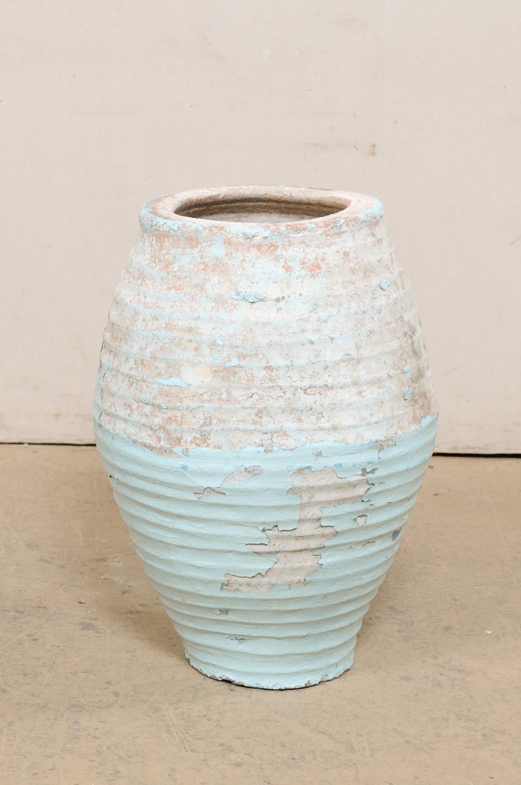 19th C. Spanish Vessel w/Lovely Patina & Pale Blue Glaze For Sale 1