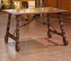 19th C. Spanish Walnut Single Plank Top Side Table Desk with Carved Lyre Legs