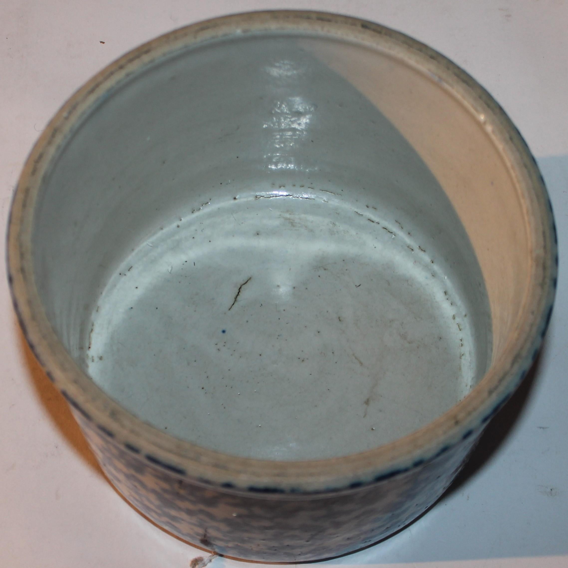 19th C over sized spongeware butter crock. Very nice color and good condition.