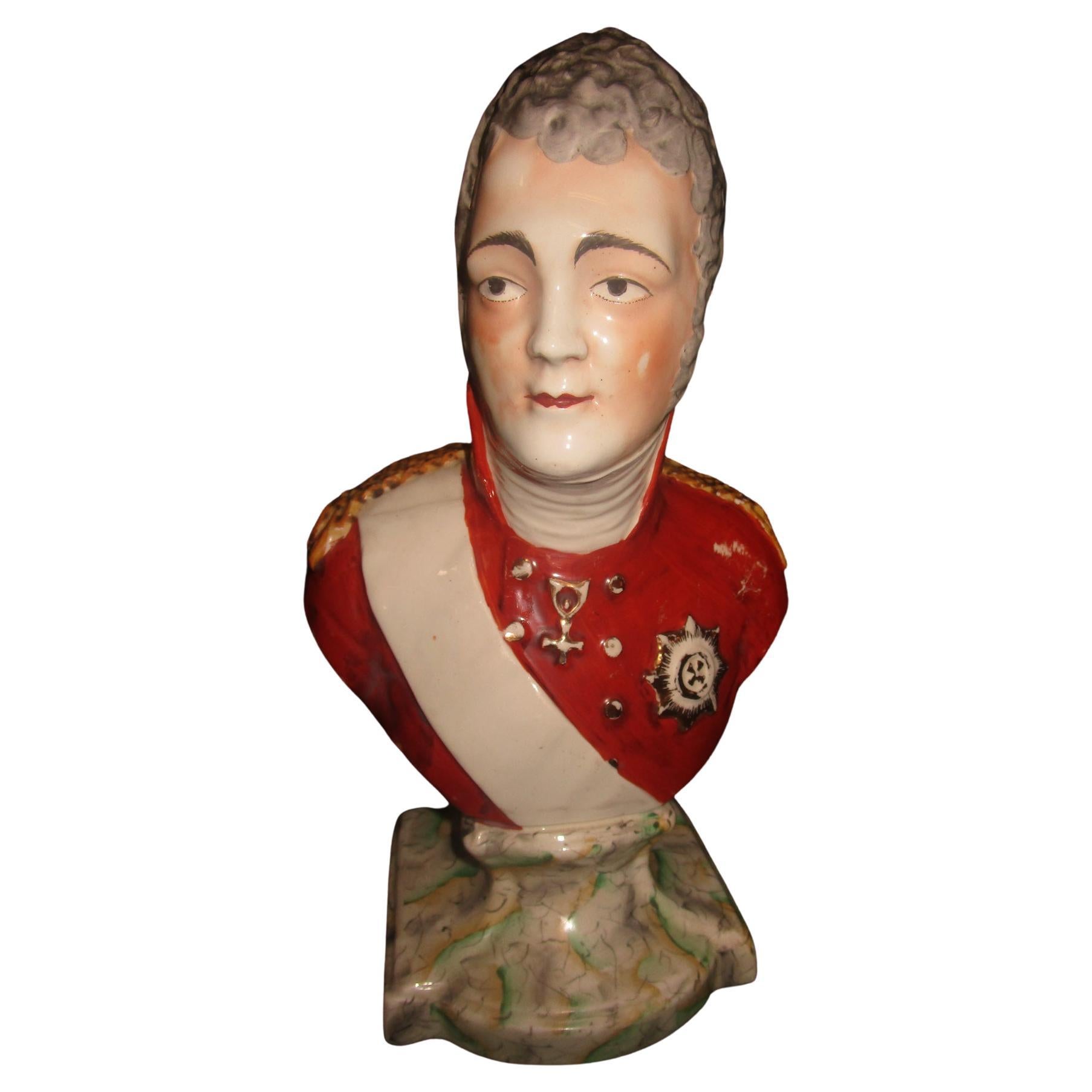 19th c Staffordshire Pottery Bust of Emperor Alexander I of Russia
