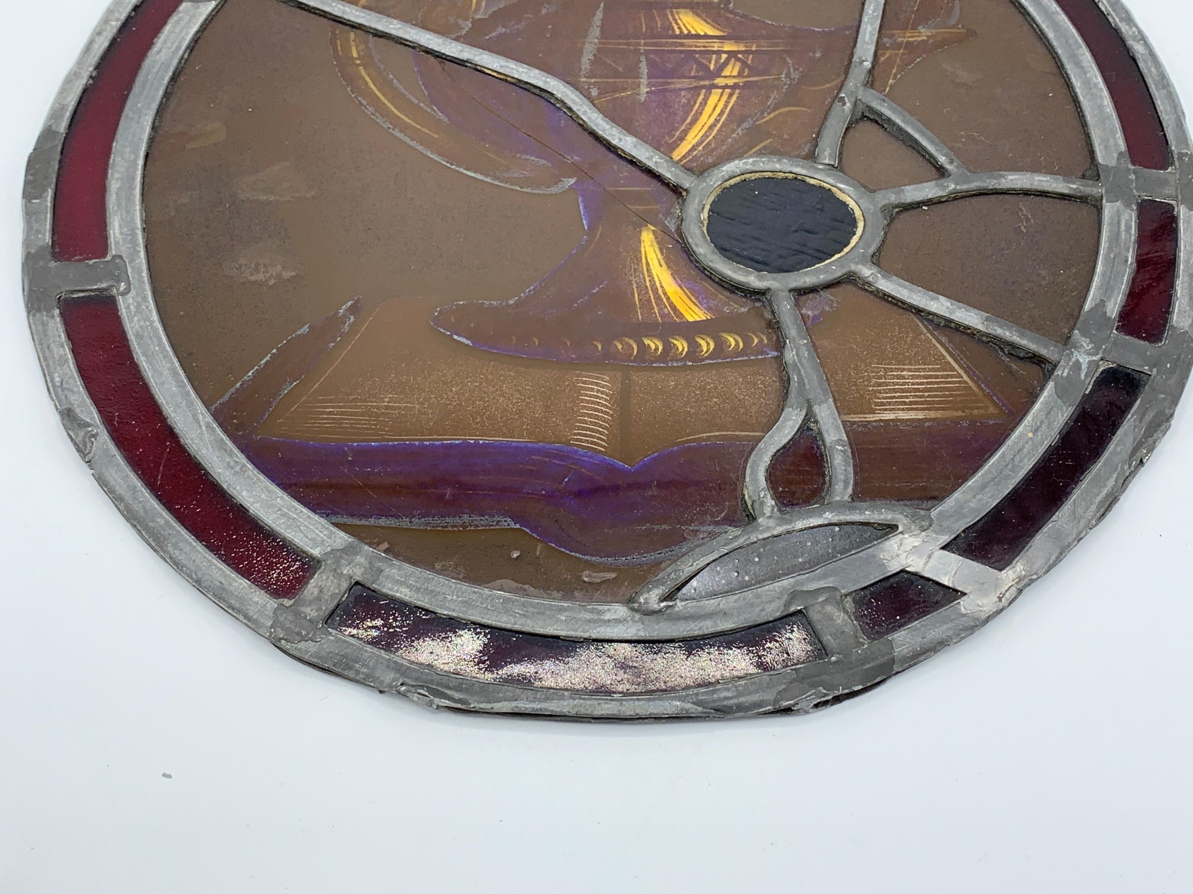 19th Century Stained Glass and Lead Genie Lamp Circular Window In Distressed Condition In Richmond, VA