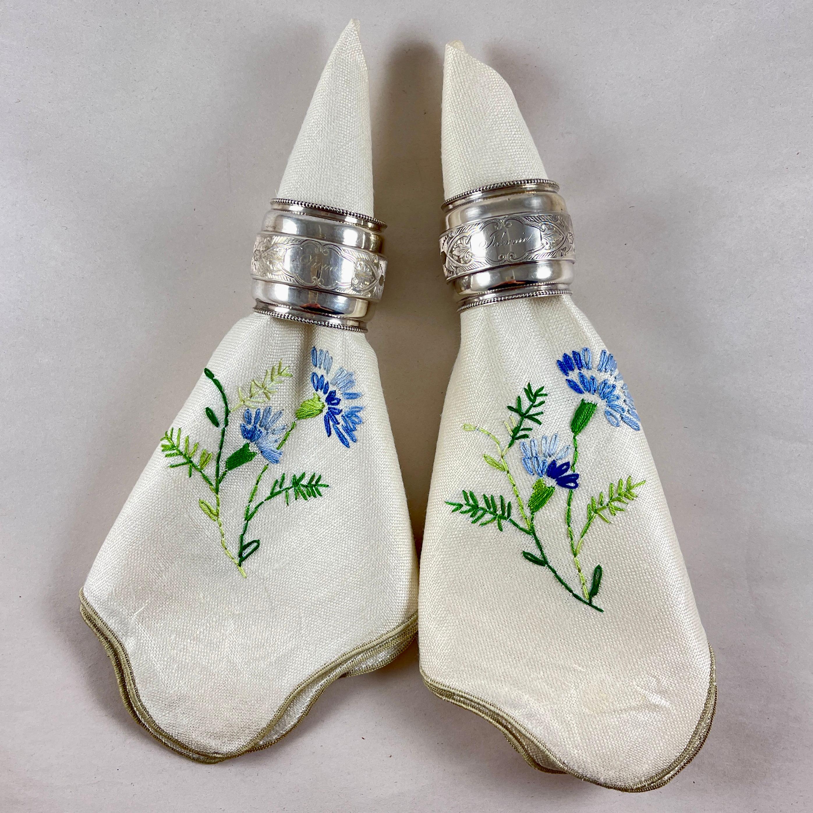 American Classical 19th C. Estate Sterling Silver Bright Cut Napkin Rings, a pair For Sale
