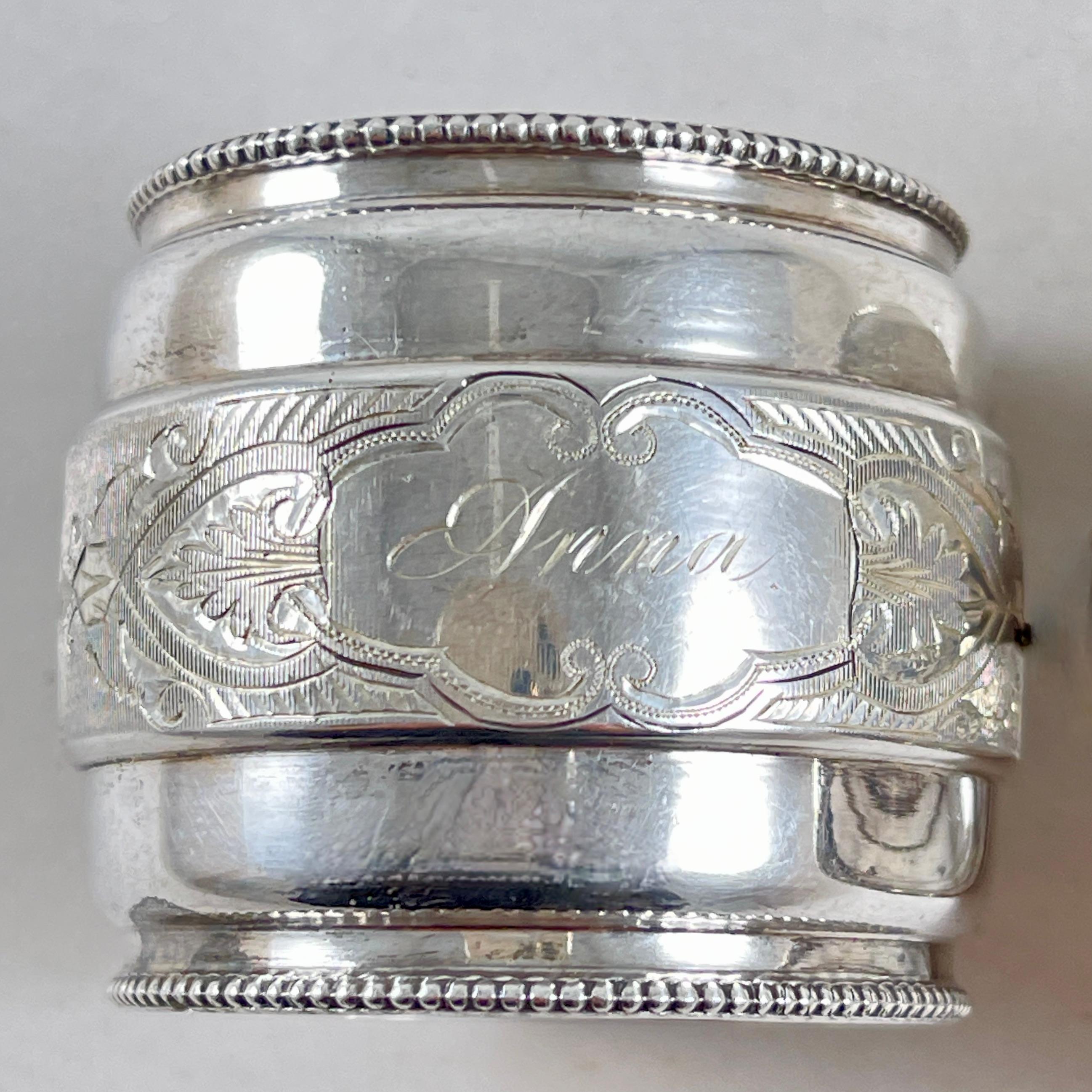 American 19th C. Estate Sterling Silver Bright Cut Napkin Rings, a pair For Sale