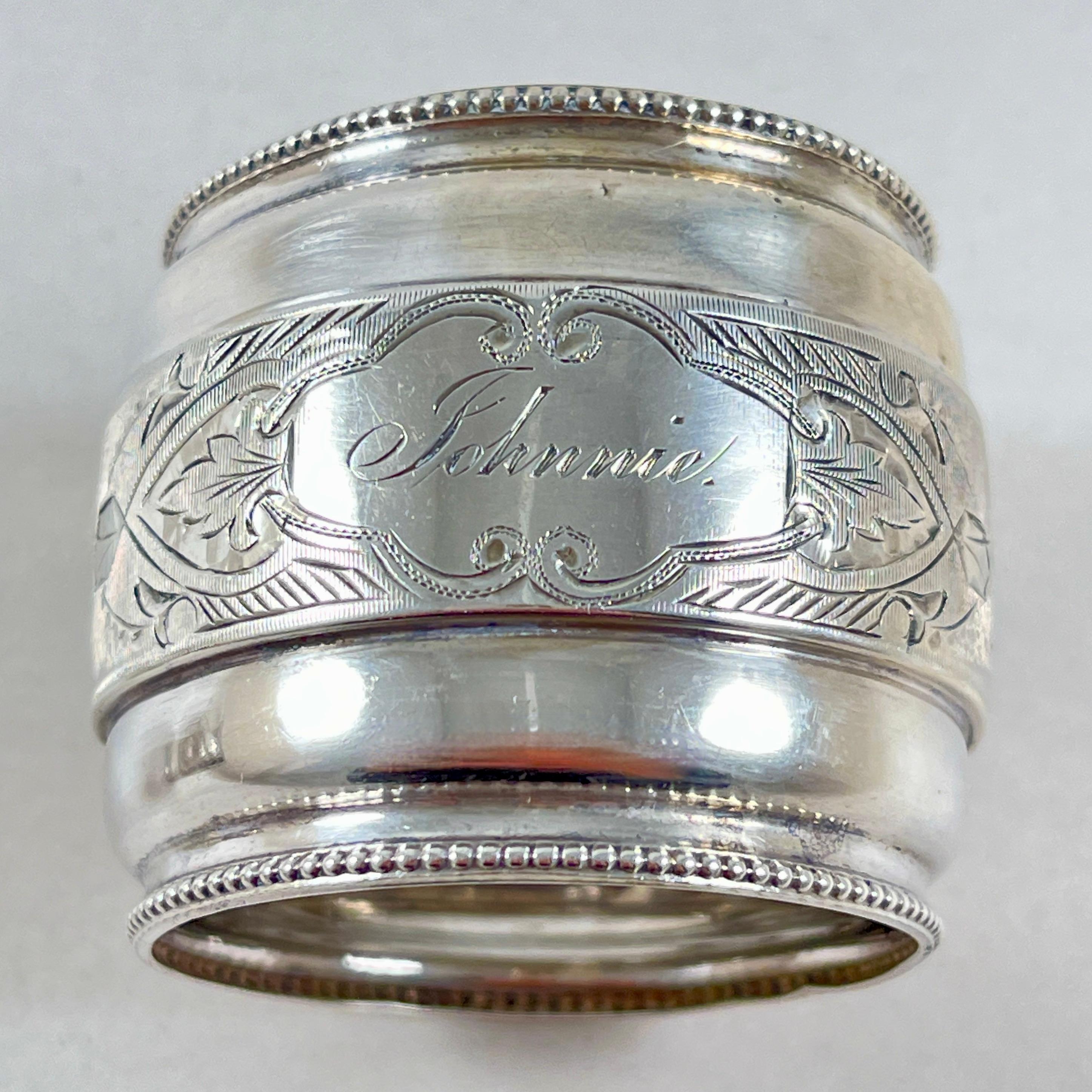 Hand-Crafted 19th C. Estate Sterling Silver Bright Cut Napkin Rings, a pair For Sale