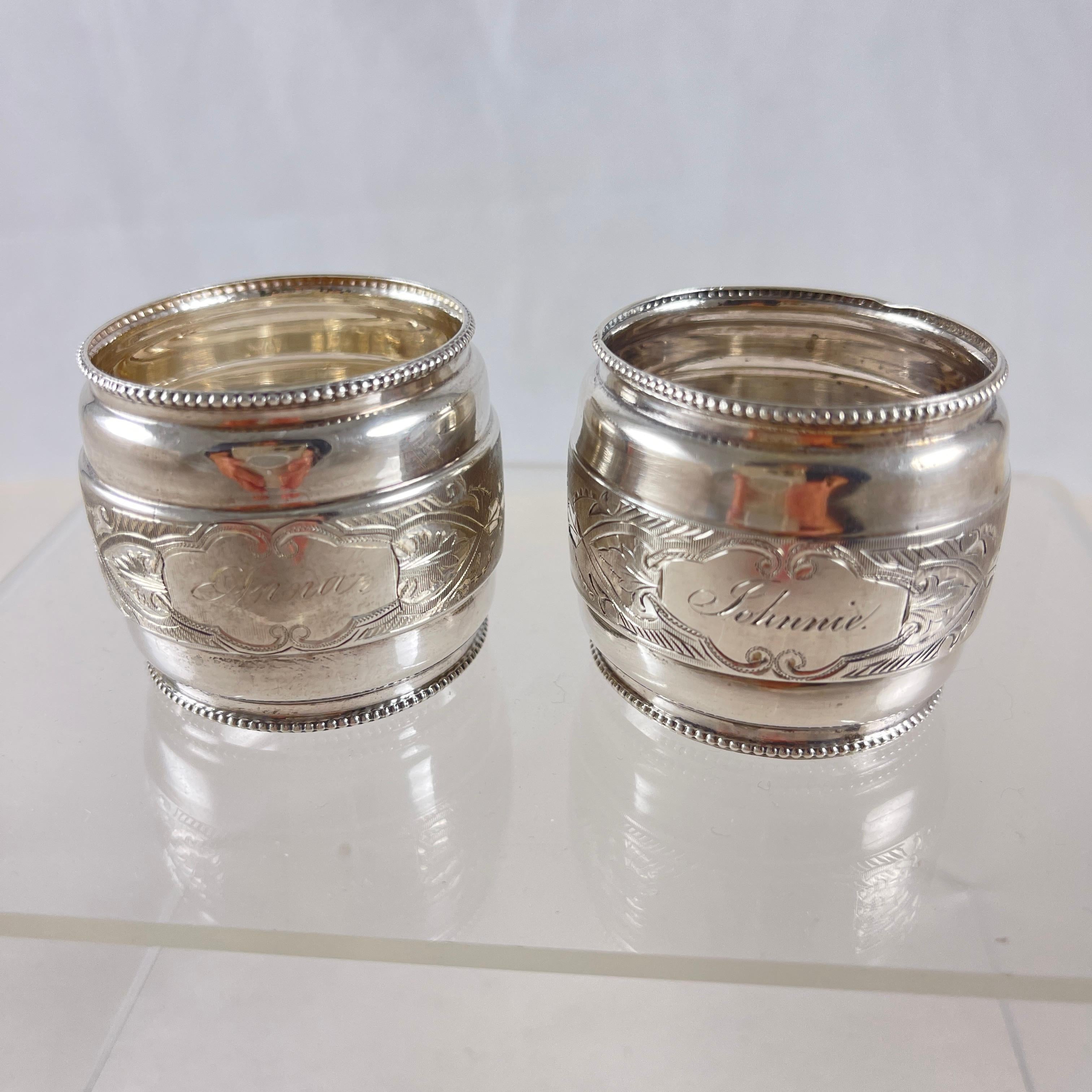 19th C. Estate Sterling Silver Bright Cut Napkin Rings, a pair In Good Condition For Sale In Philadelphia, PA