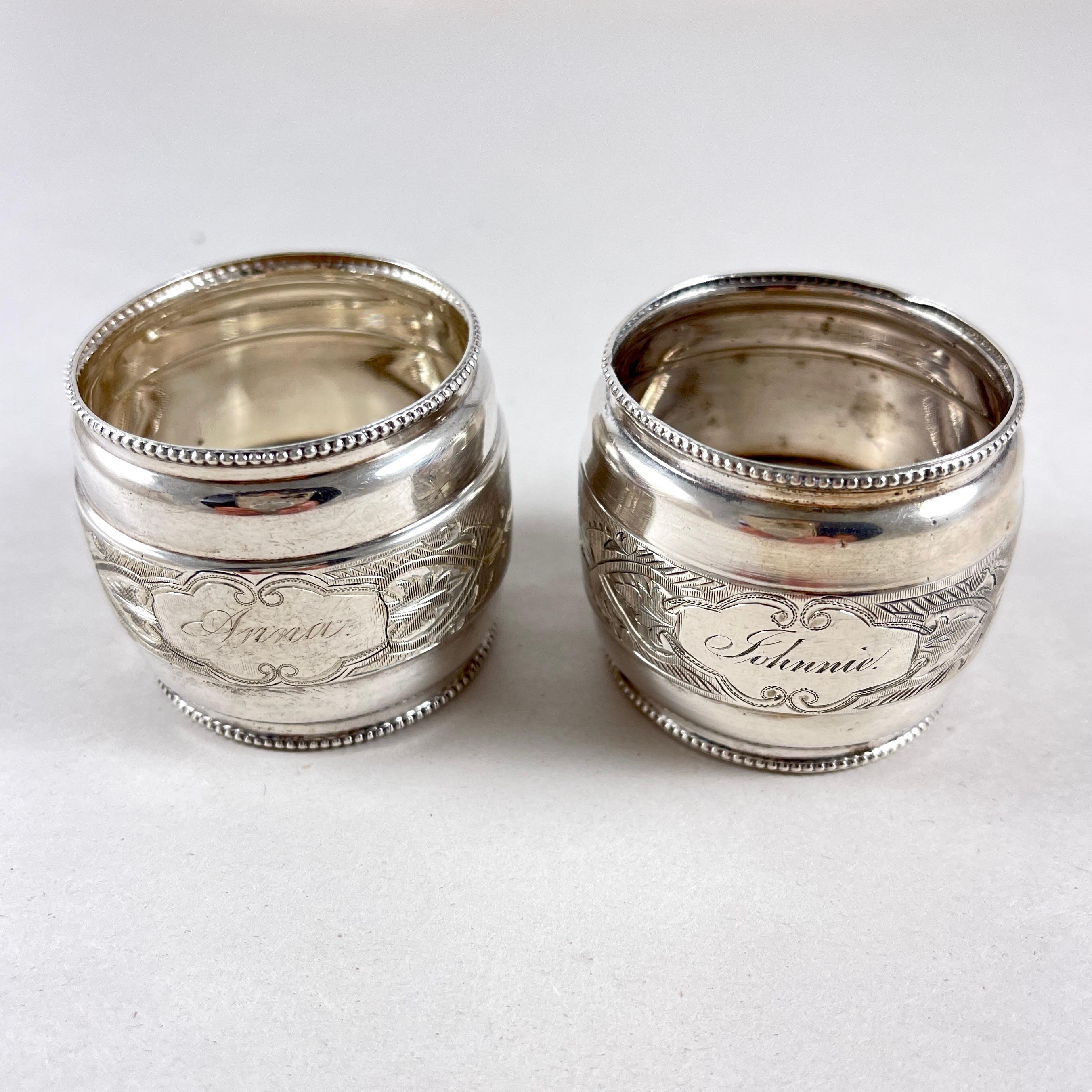 Late 19th Century 19th C. Estate Sterling Silver Bright Cut Napkin Rings, a pair For Sale
