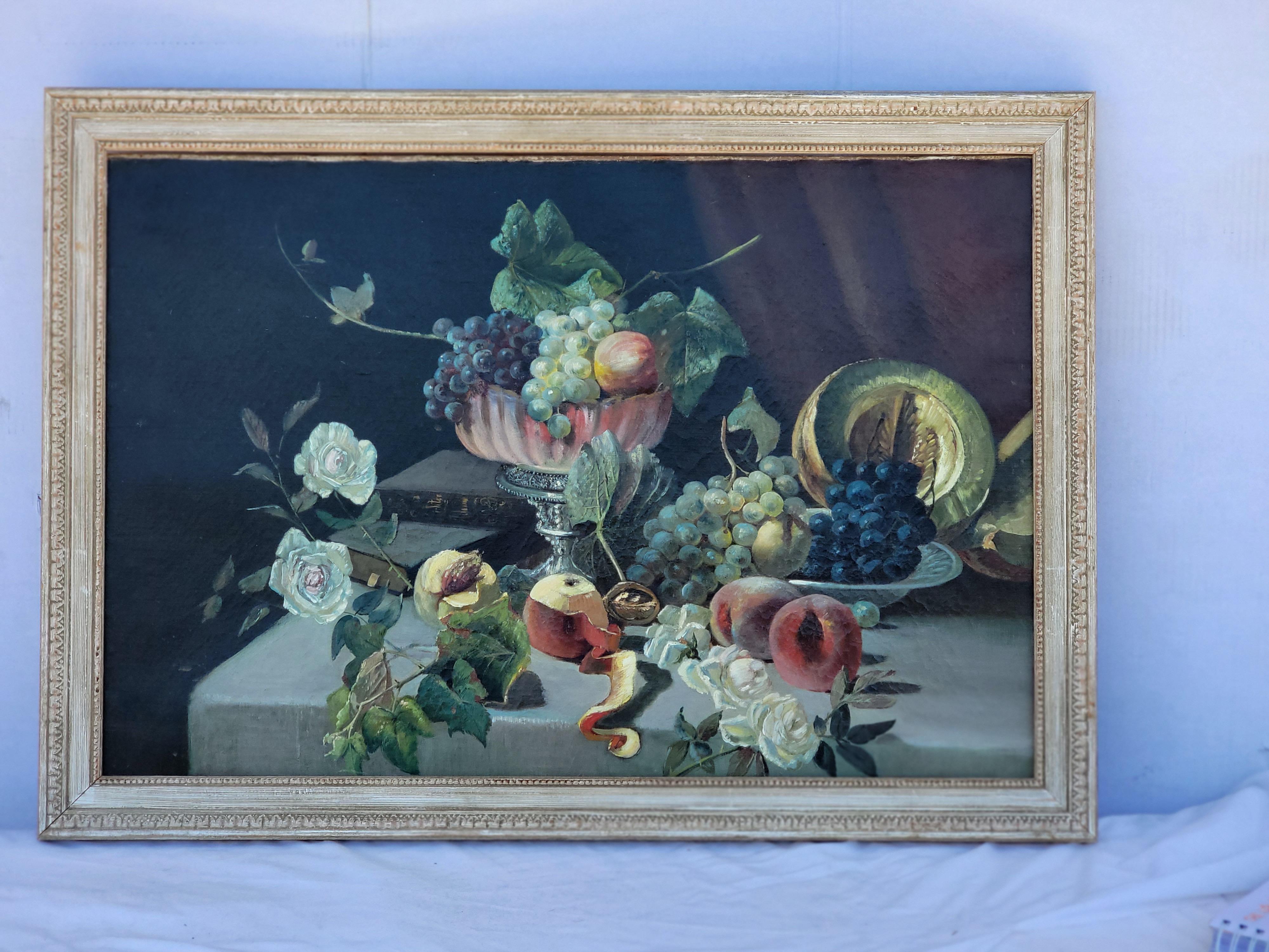 19. Jahrhundert, Stillleben Öl auf Leinwand, Gemälde, das Obst und Bücher darstellt, unsigniert im Angebot 4