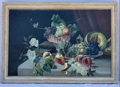19th-C, Still Life Oil on Canvas Painting Depicting Fruit and Books, Unsigned