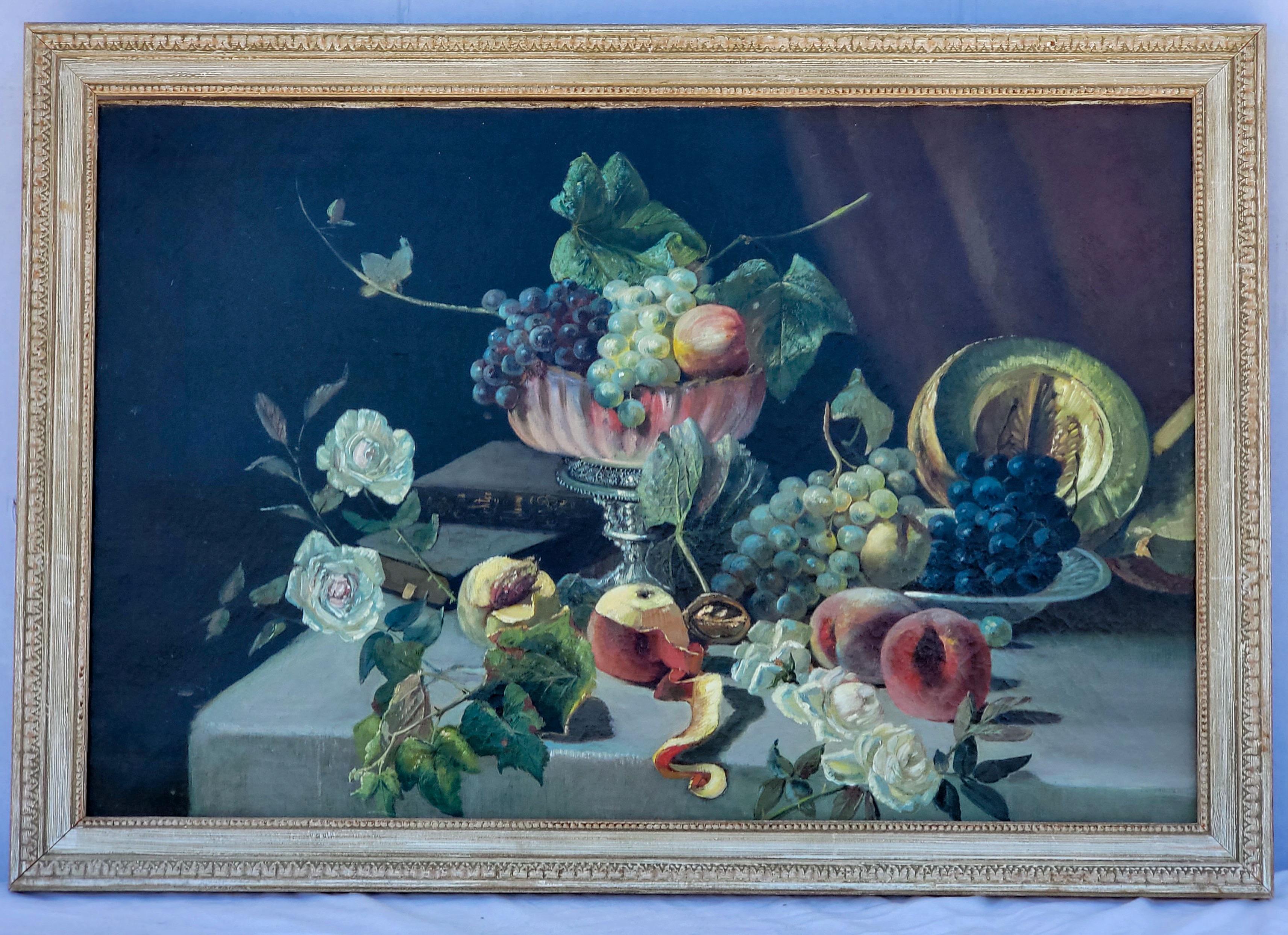 English 19th-C, Still Life Oil on Canvas Painting Depicting Fruit and Books, Unsigned For Sale