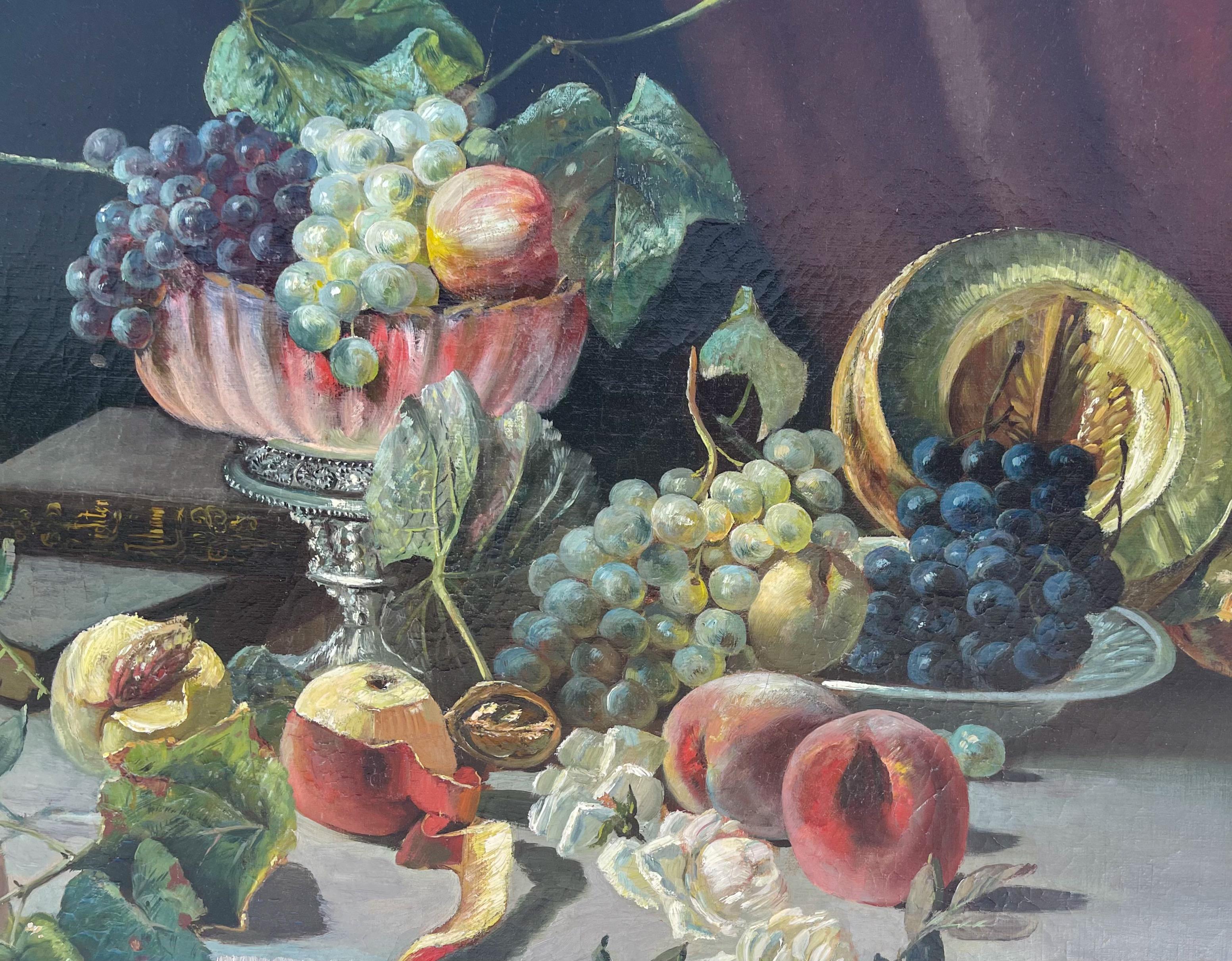 19th-C, Still Life Oil on Canvas Painting Depicting Fruit and Books, Unsigned In Good Condition For Sale In Kennesaw, GA