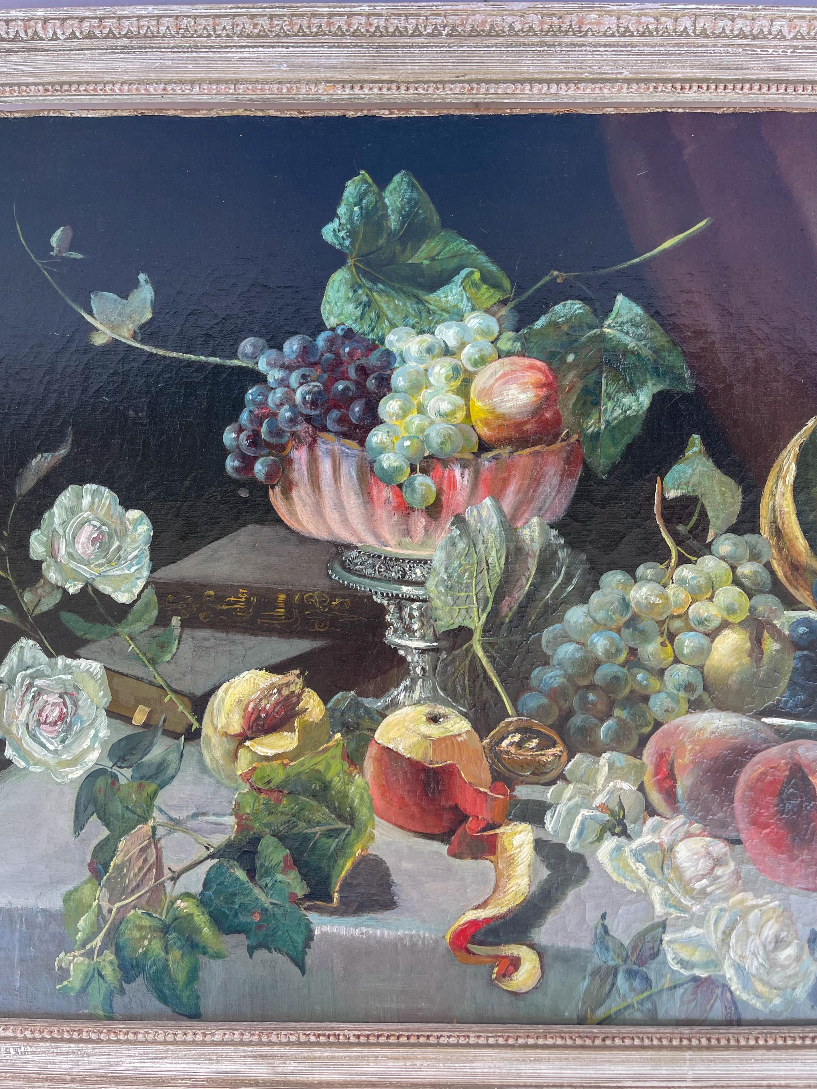 19. Jahrhundert, Stillleben Öl auf Leinwand, Gemälde, das Obst und Bücher darstellt, unsigniert (Holz) im Angebot
