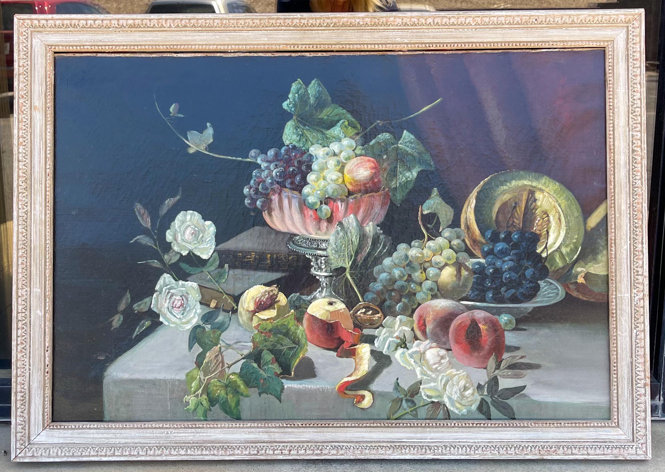 Wood 19th-C, Still Life Oil on Canvas Painting Depicting Fruit and Books, Unsigned For Sale