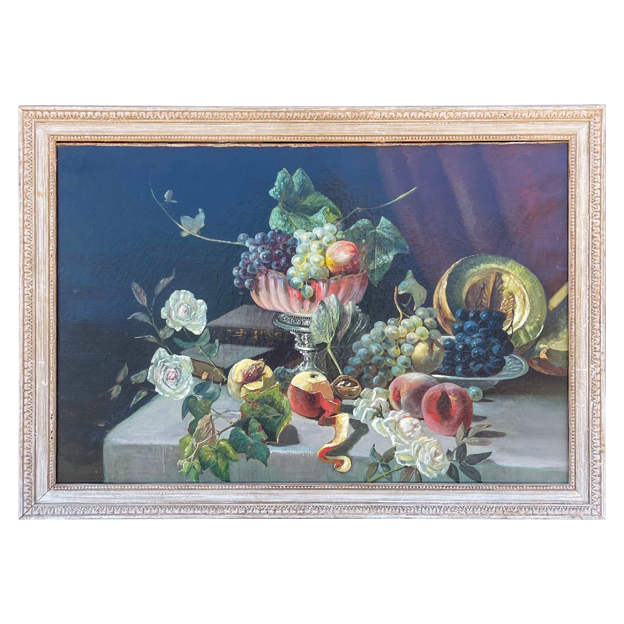 19. Jahrhundert, Stillleben Öl auf Leinwand, Gemälde, das Obst und Bücher darstellt, unsigniert