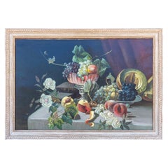 19. Jahrhundert, Stillleben Öl auf Leinwand, Gemälde, das Obst und Bücher darstellt, unsigniert