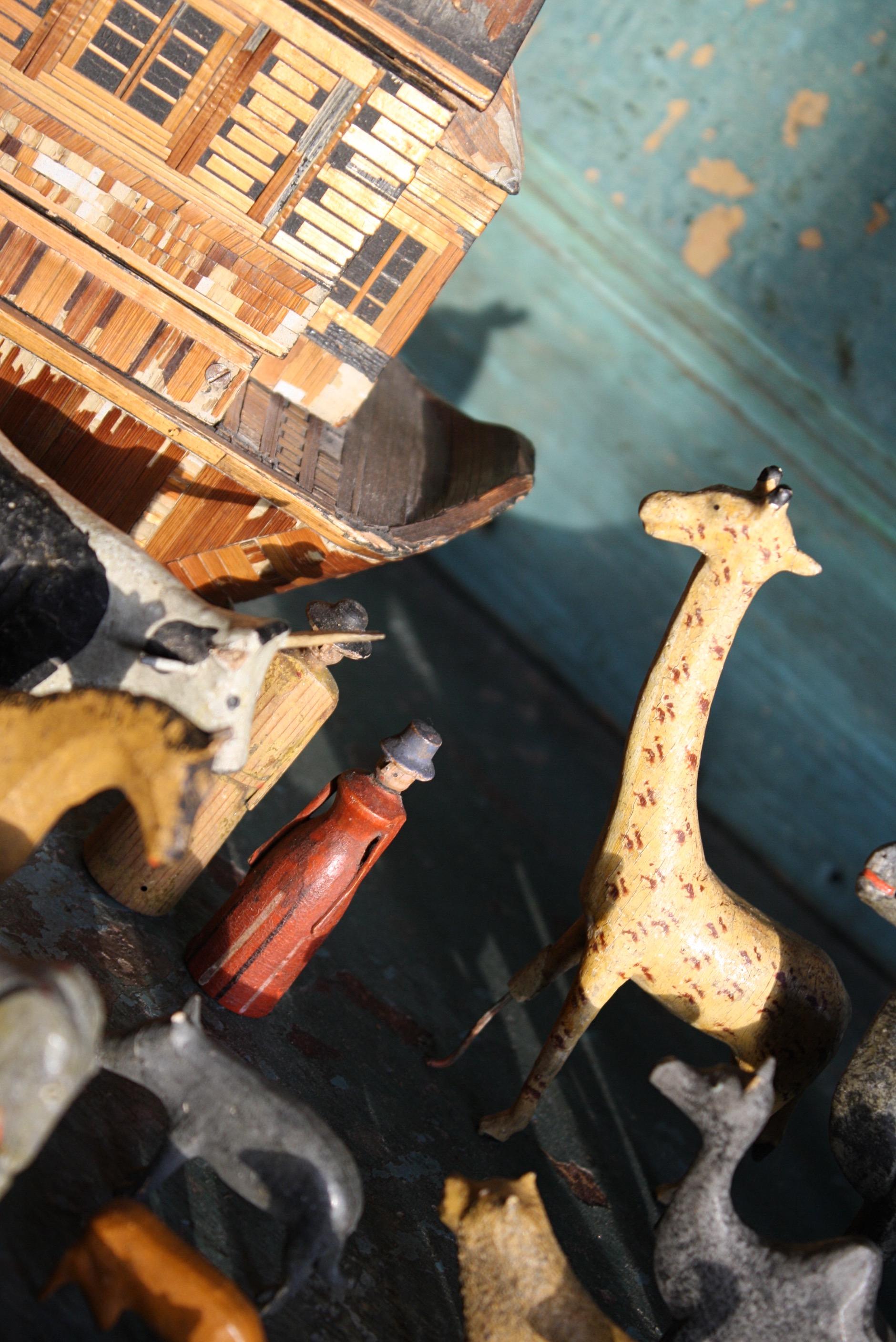 European 19th C Straw Work Prisoner of War Noahs Ark Folk Art Hand Carved & Painted Toy