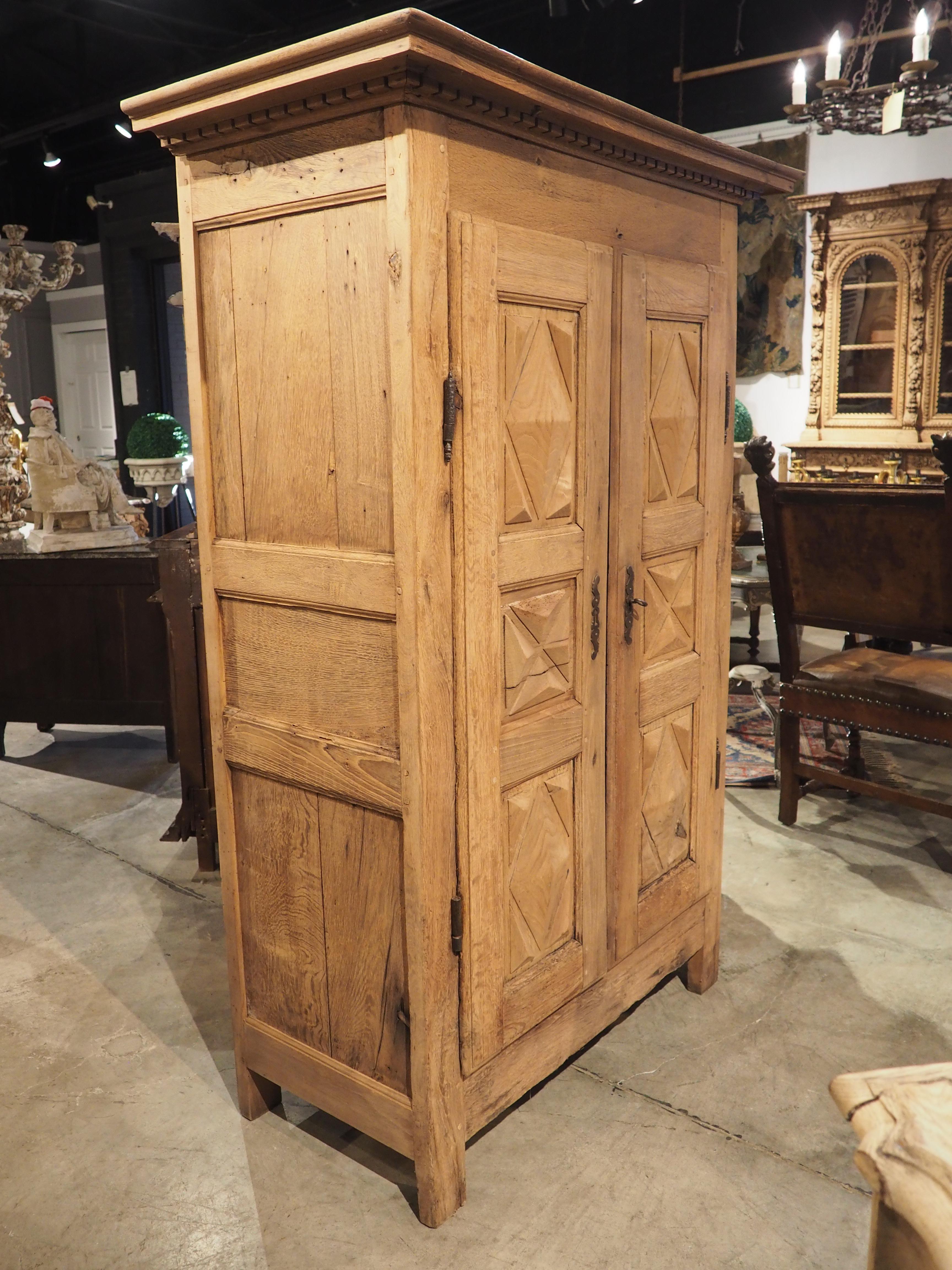 Bleached 19th C. Stripped Oak and Chestnut Diamond Point Armoire from Brittany France