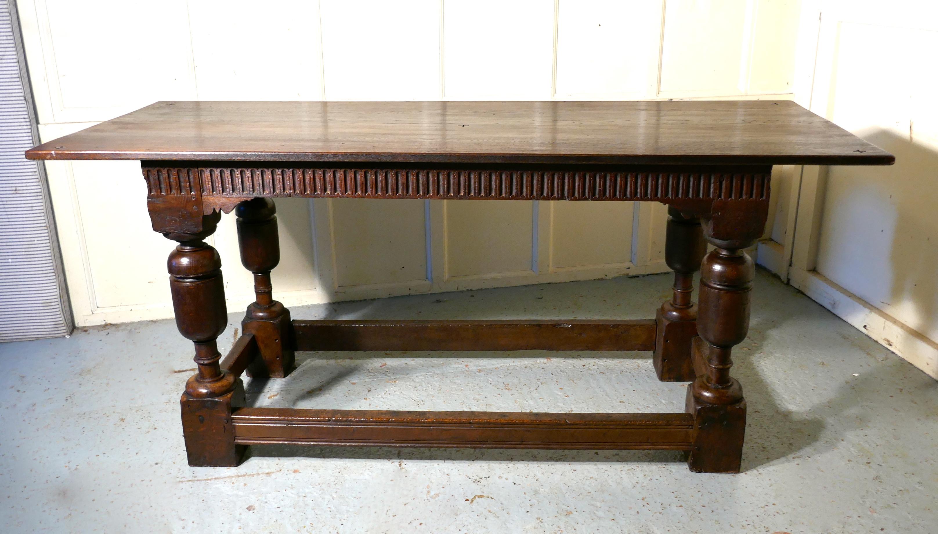 19th C Sturdy Heavy Carved Oak Table 

This is a wonderful table, the table base has large bulbous legs, and the apron below has a linen fold carving all the way around. It has a 3 plank top and dates from the mid 19th Century, it has crosses carved