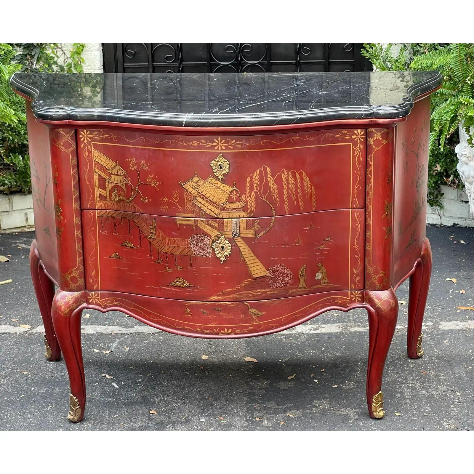19th Century Style E. J. Victor Red Chinoiserie & Black Marble Commode, 1990s In Good Condition For Sale In LOS ANGELES, CA