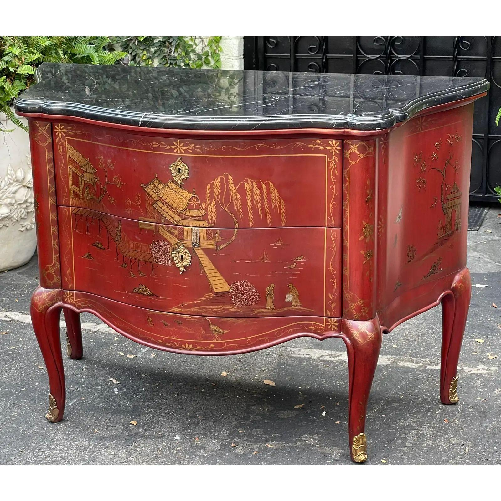 20th Century 19th Century Style E. J. Victor Red Chinoiserie & Black Marble Commode, 1990s For Sale