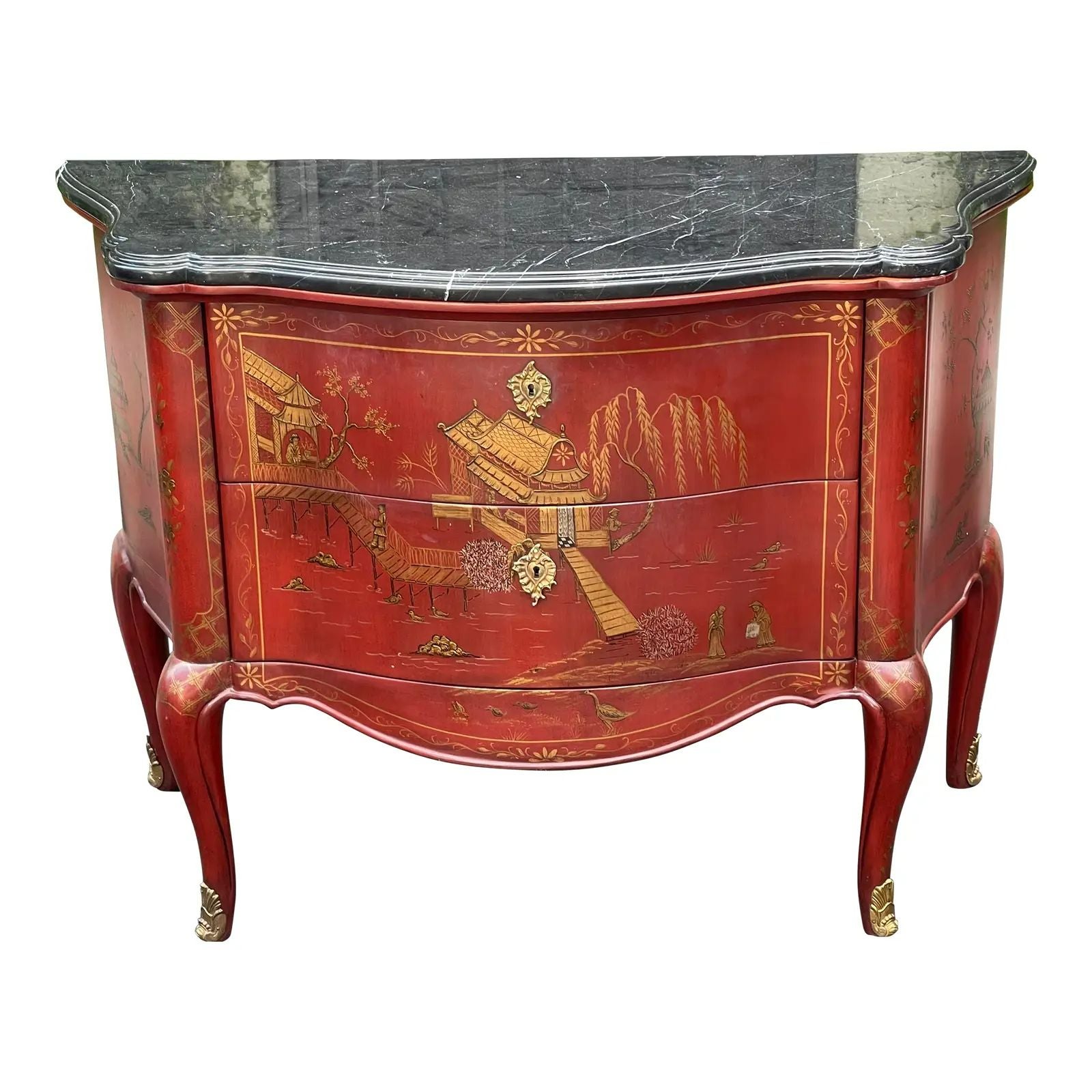 19th Century Style E. J. Victor Red Chinoiserie & Black Marble Commode, 1990s For Sale