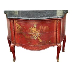 19th Century Style E. J. Victor Red Chinoiserie & Black Marble Commode, 1990s