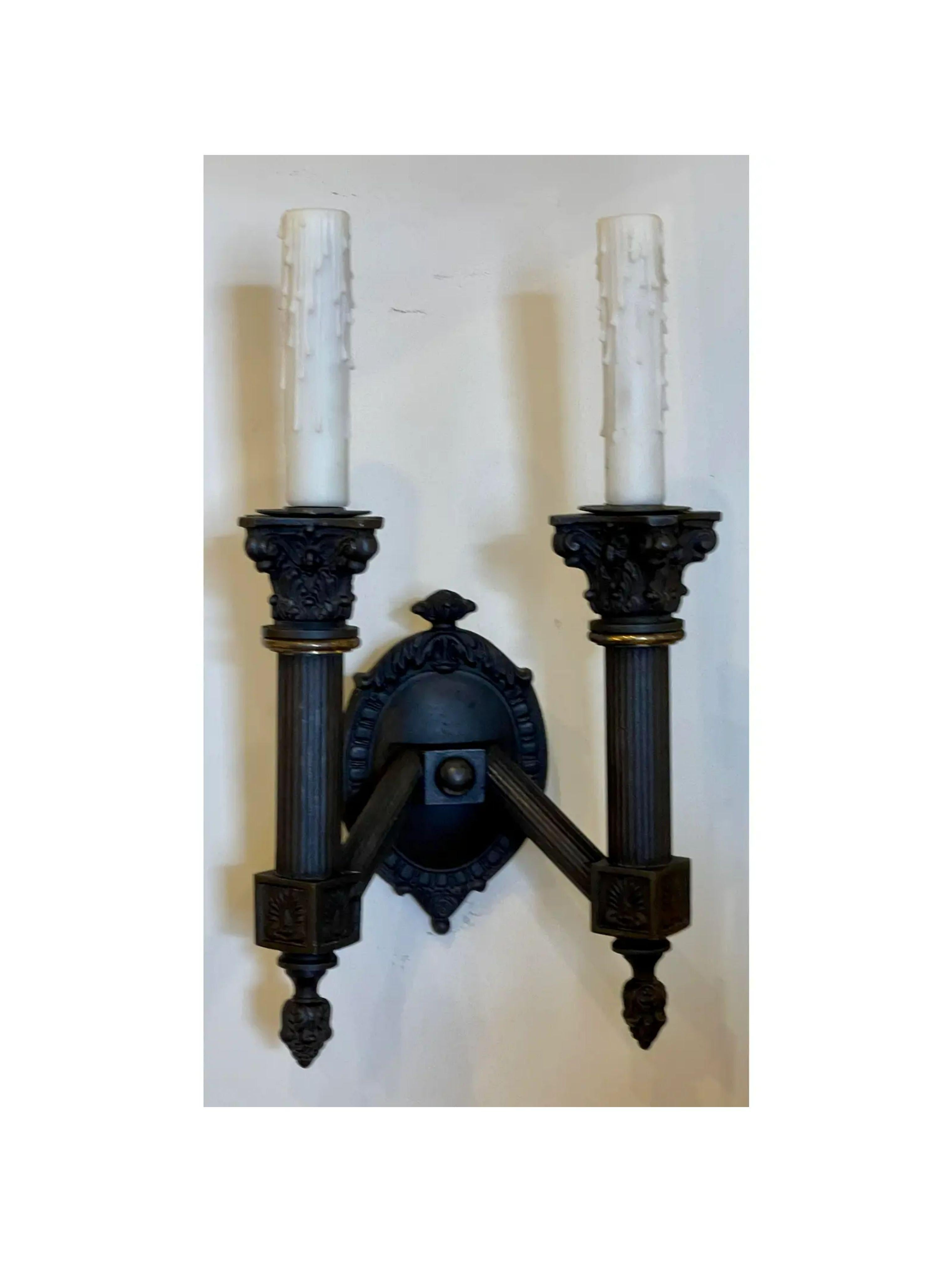 19th C style empire black Neoclassical Corinthian Column 2 Lite wall sconce
Priced Each.

Additional information:
Materials: bronze
Color: Black
Period: 2010s
Styles: Empire, Neoclassical
Lamp Shade: Not Included
Power Sources: Up to 120V