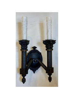 19th C, Style Empire Black Neoclassical Corinthian Column 2 Lite Wall Sconce