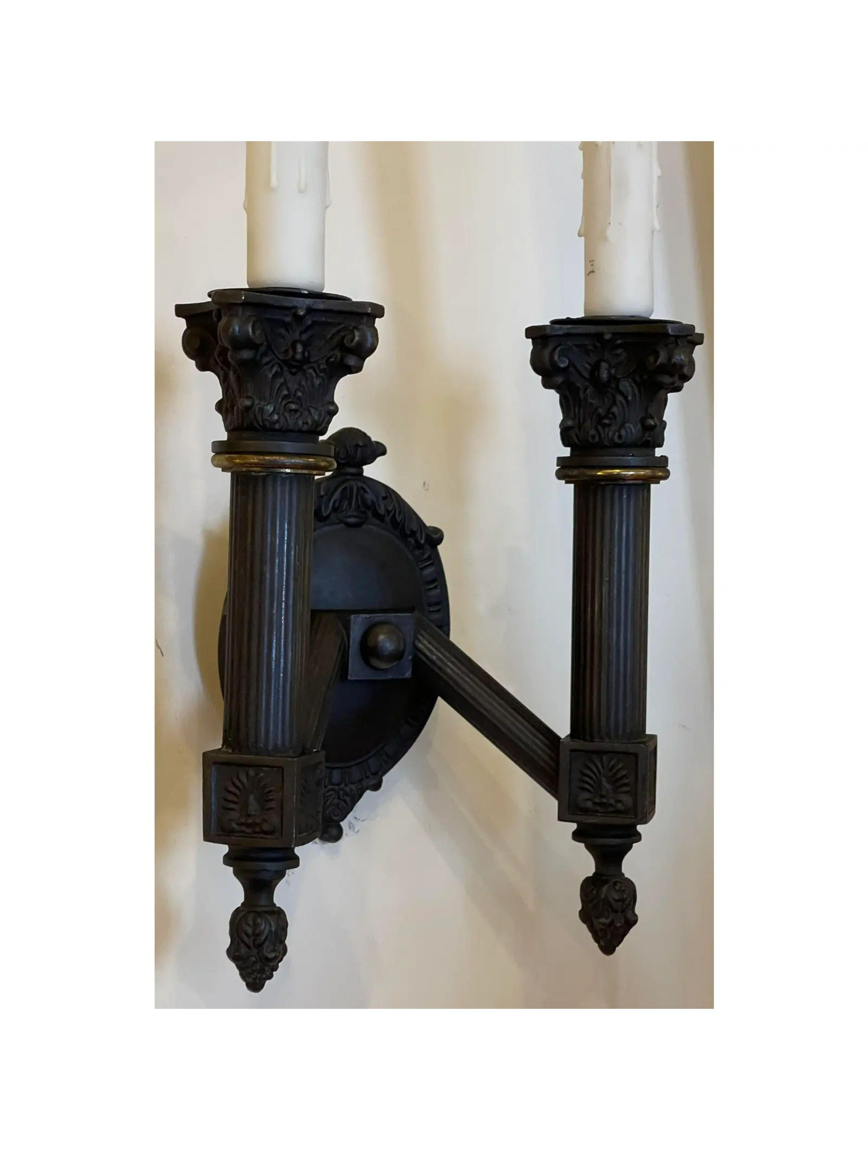 19th C, Style Empire Black Neoclassical Corinthian Column 2 Lite Wall Sconce In Good Condition For Sale In LOS ANGELES, CA