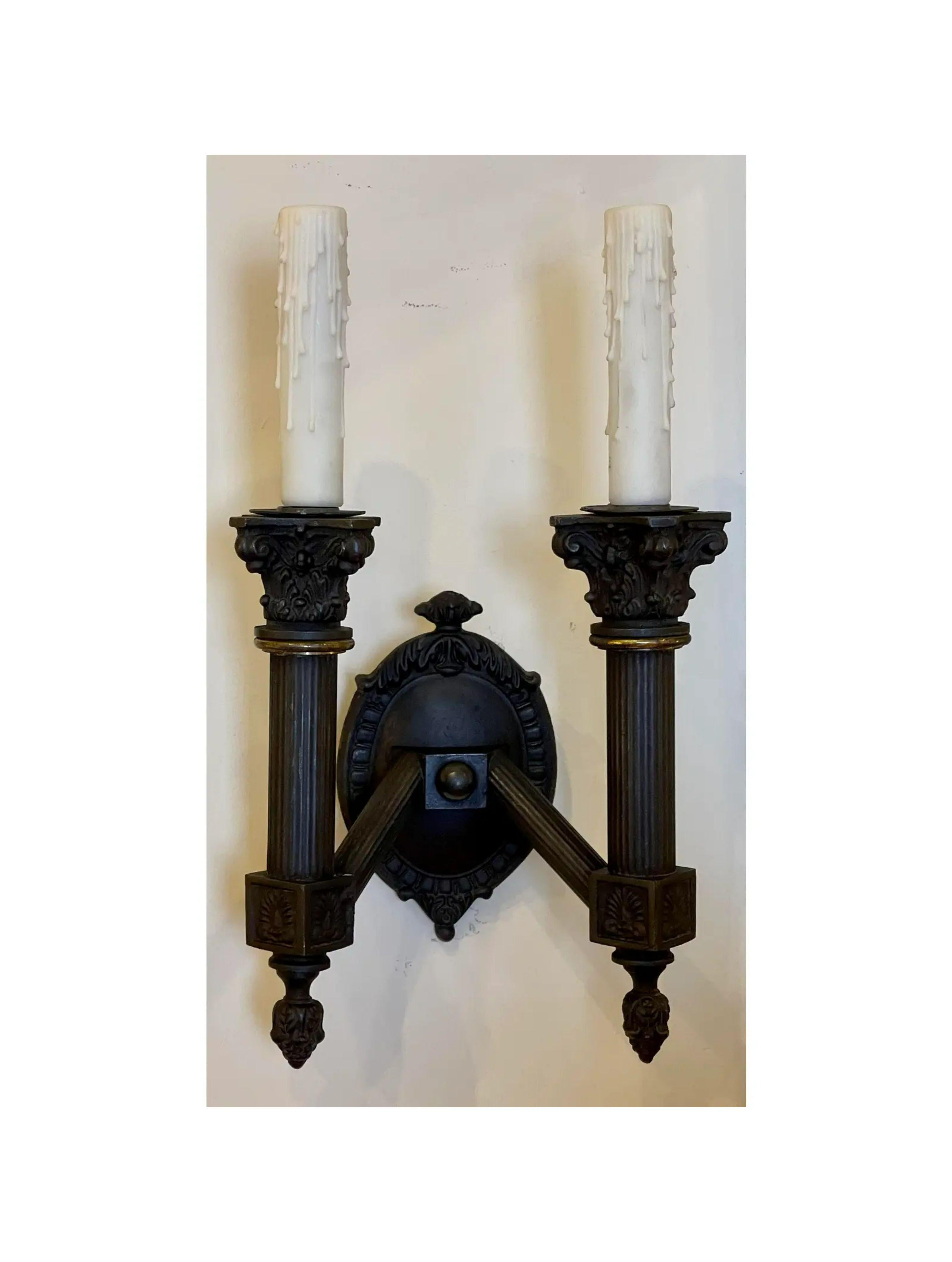 Contemporary 19th C, Style Empire Black Neoclassical Corinthian Column 2 Lite Wall Sconce For Sale