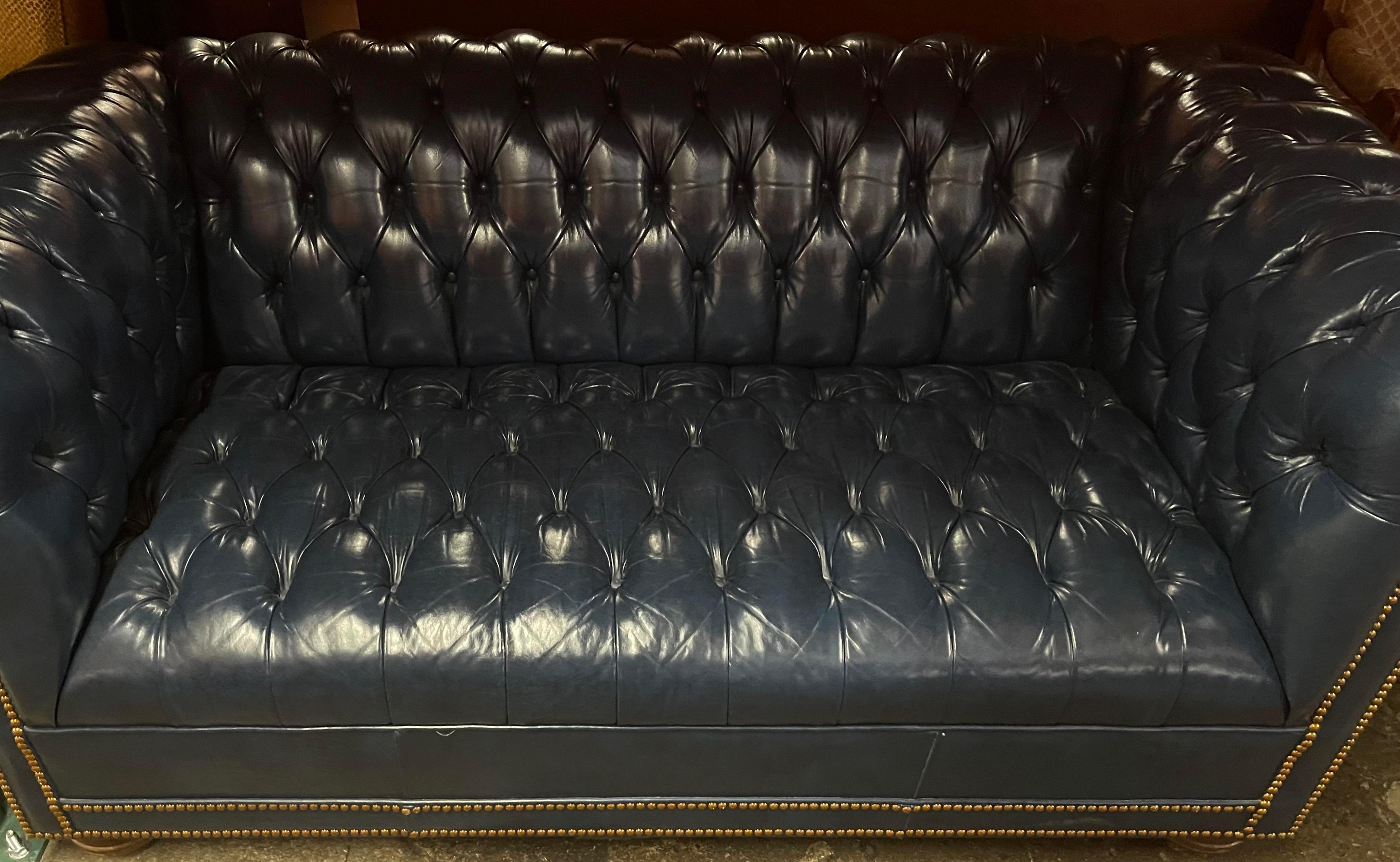 19th C style hickory leather co chesterfield blue fully tufted sofa settee.