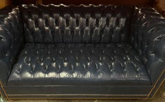 19th C Style Hickory Leather Co Chesterfield Blue Fully Tufted Sofa Settee