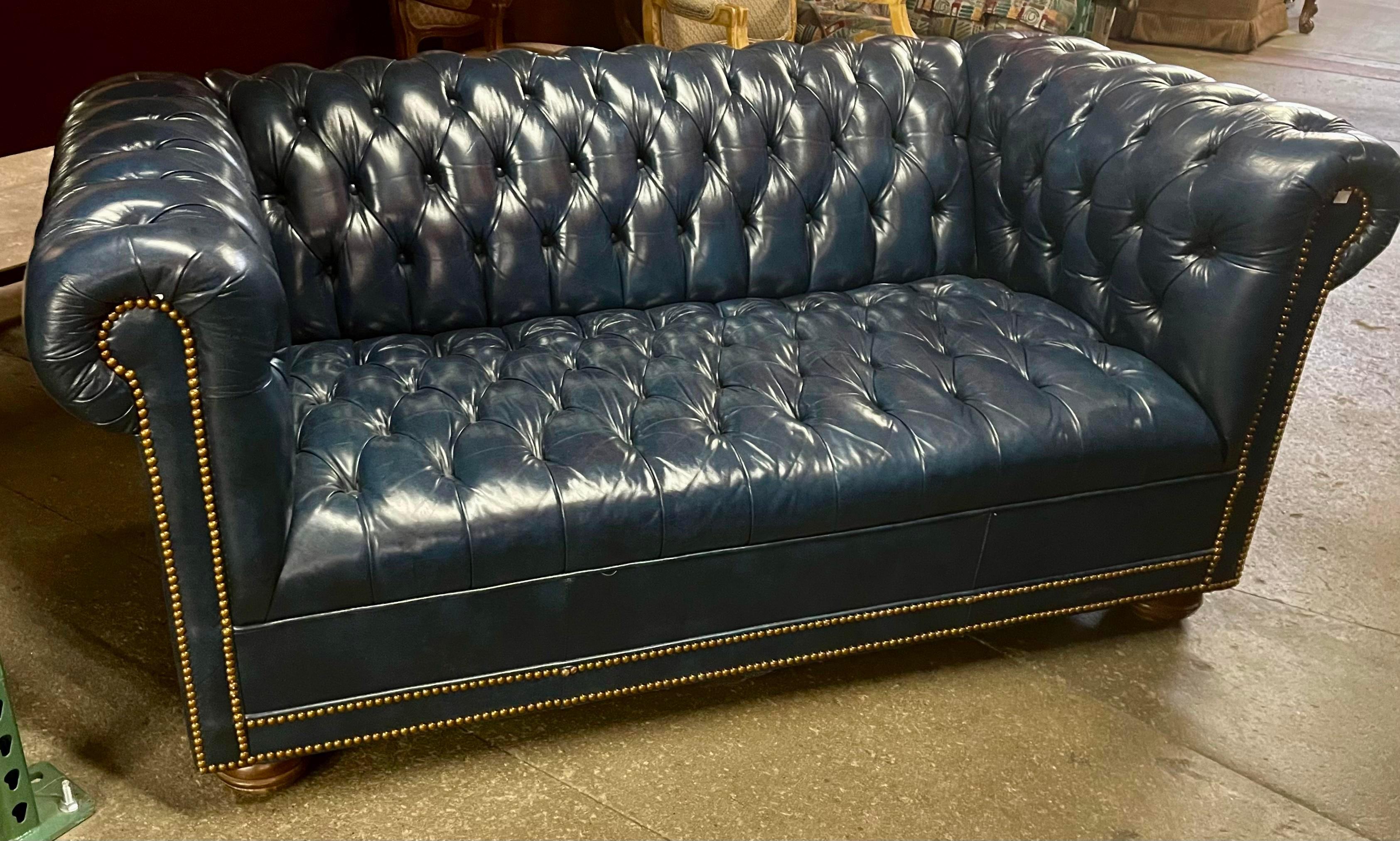 American 19th C Style Hickory Leather Co Chesterfield Blue Fully Tufted Sofa Settee
