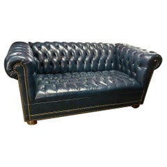 19th C Style Hickory Leather Co Chesterfield Blue Fully Tufted Sofa Settee