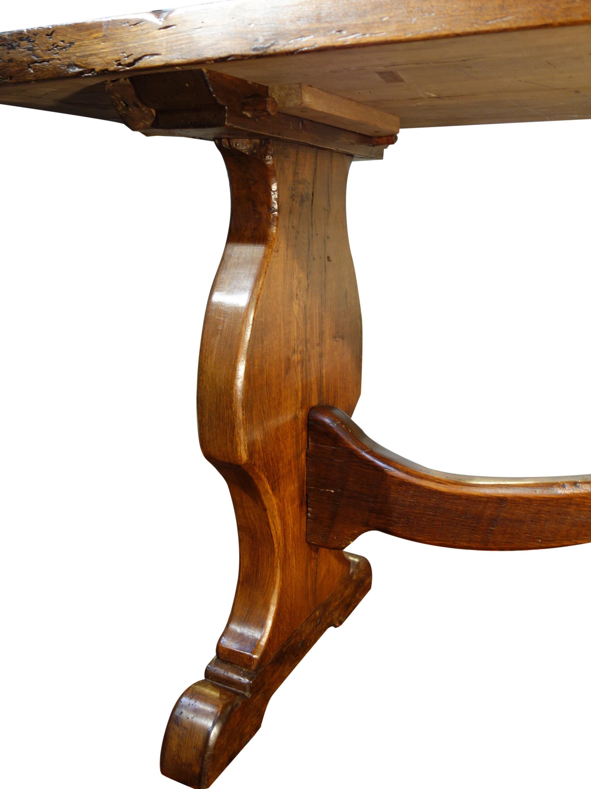 Hand-Crafted 19th C Style Italian Walnut COPPE 2-Slab Trestle Table available custom size  For Sale