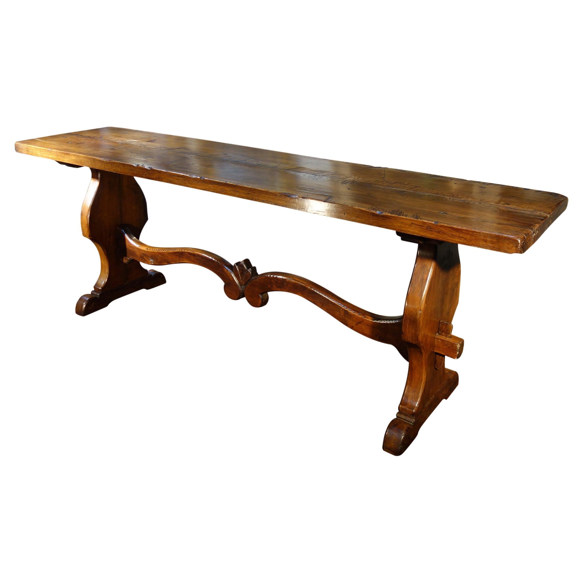 19th C Style Italian Walnut COPPE 2-Slab Trestle Table available custom size  For Sale