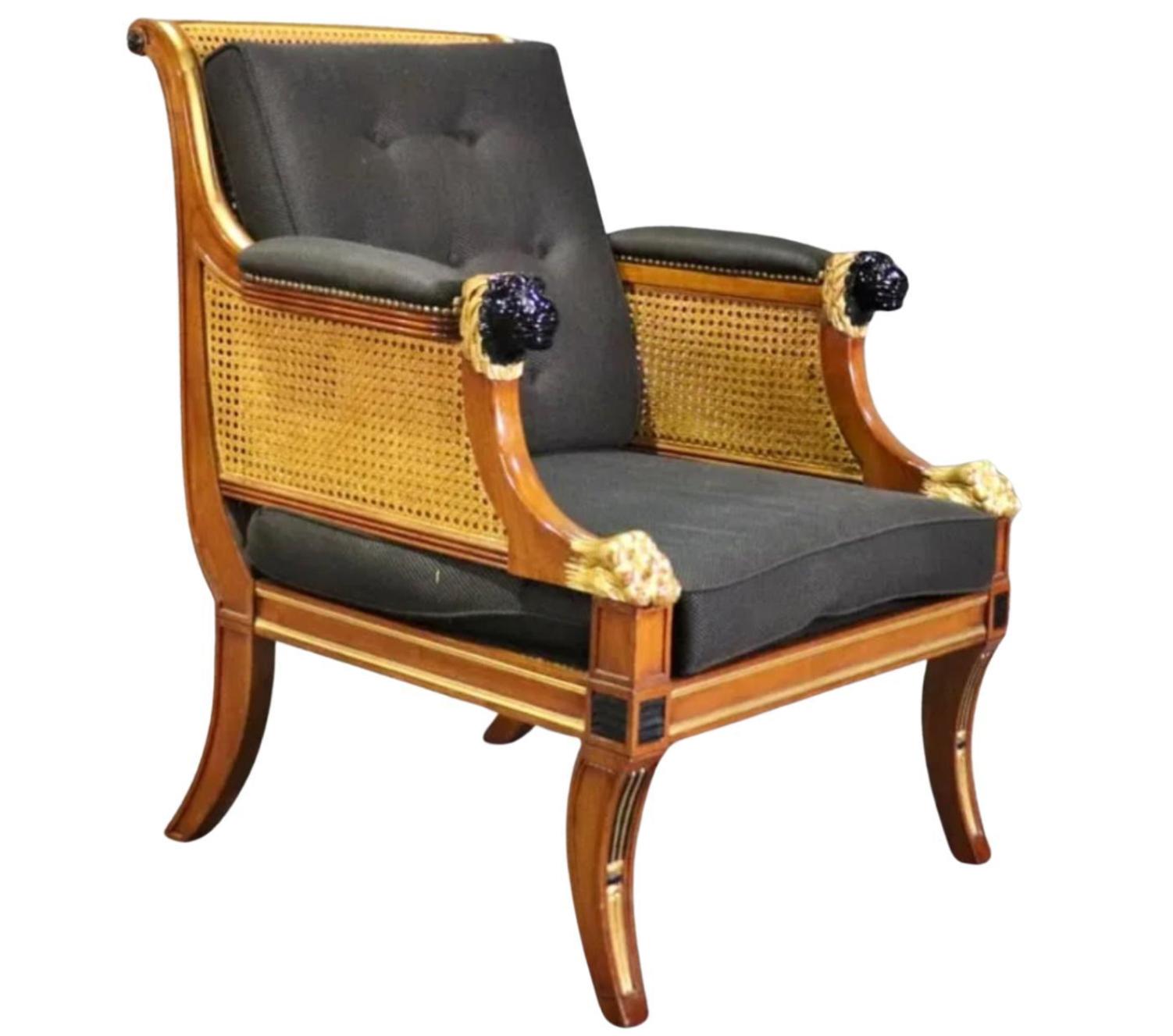 Mid-20th Century 19th C Style Regency Mahogany & Cane Giltwood Bergere Armchair For Sale
