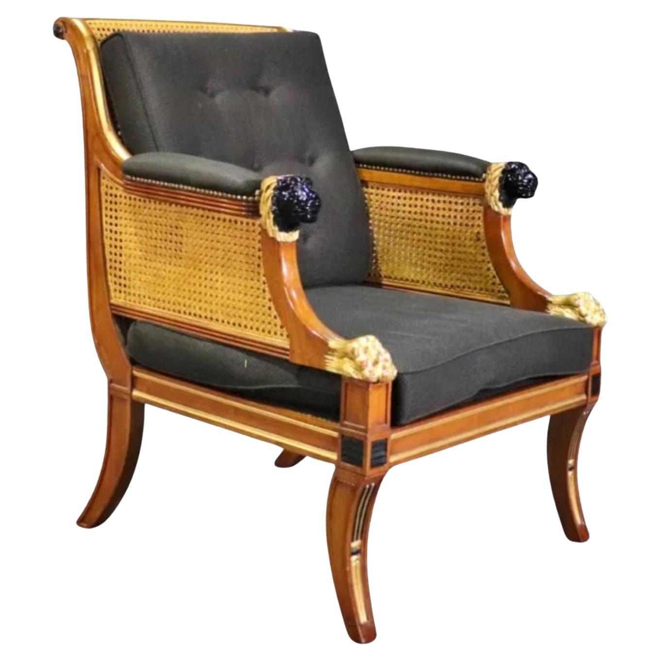 19th C Style Regency Mahogany & Cane Giltwood Bergere Armchair For Sale