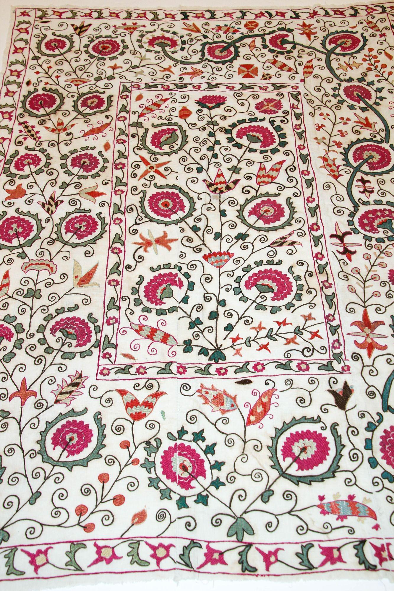 19th C. Suzani Bukhara Uzbekistan Antique Embroidered Islamic Art Textile Susani For Sale 11