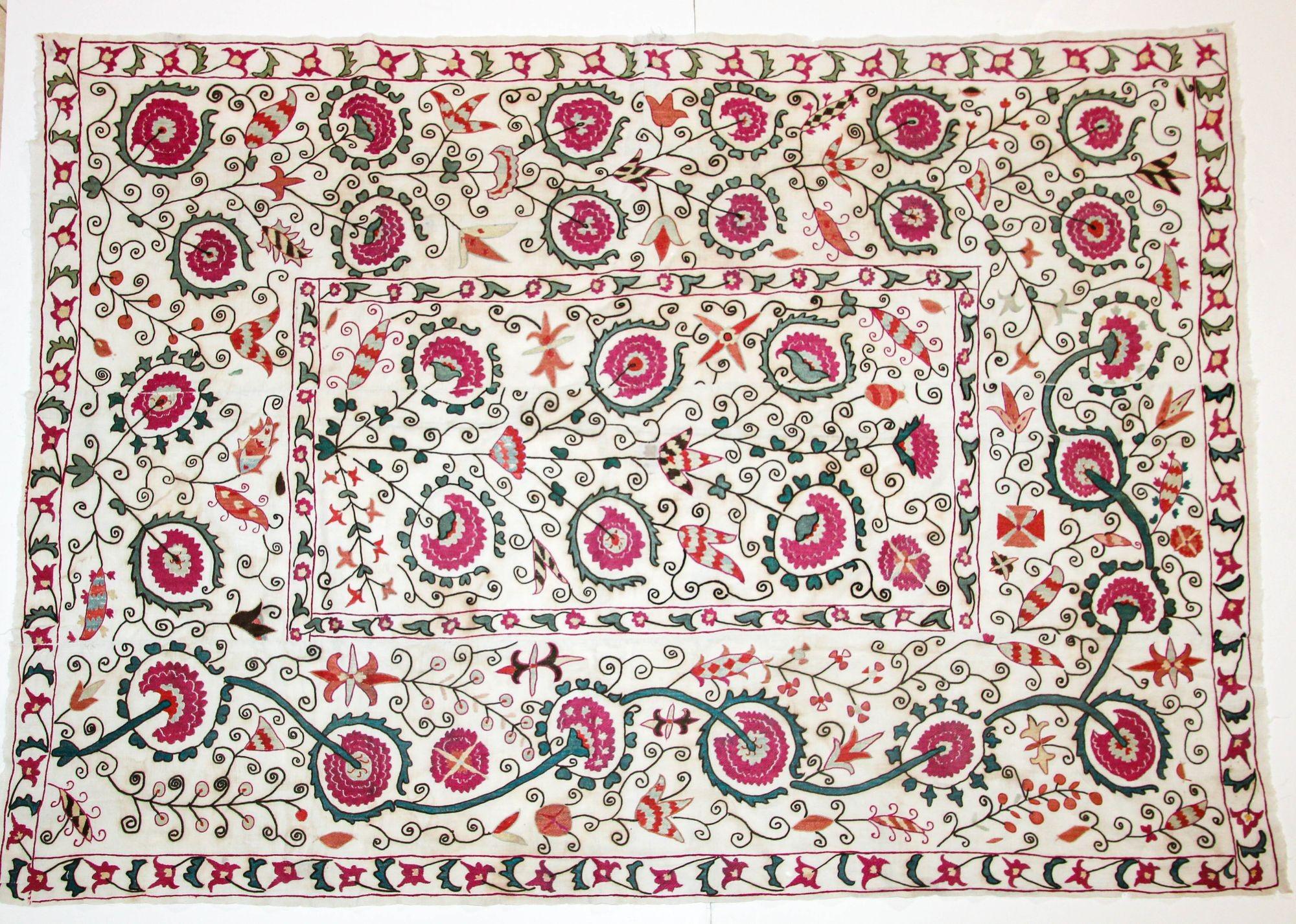 Fabulous antique 19th C. Suzani from Bukhara Uzbekistan embroidered with swaying floral branches and flowers.
Museum quality collectible antique hand embroidered Islamic Art textile called Susani or Suzani.
Very fine art work embroidered with silk
