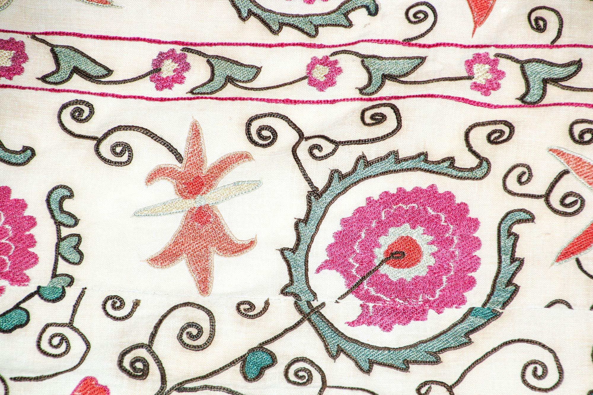 Dyed 19th C. Suzani Bukhara Uzbekistan Antique Embroidered Islamic Art Textile Susani For Sale