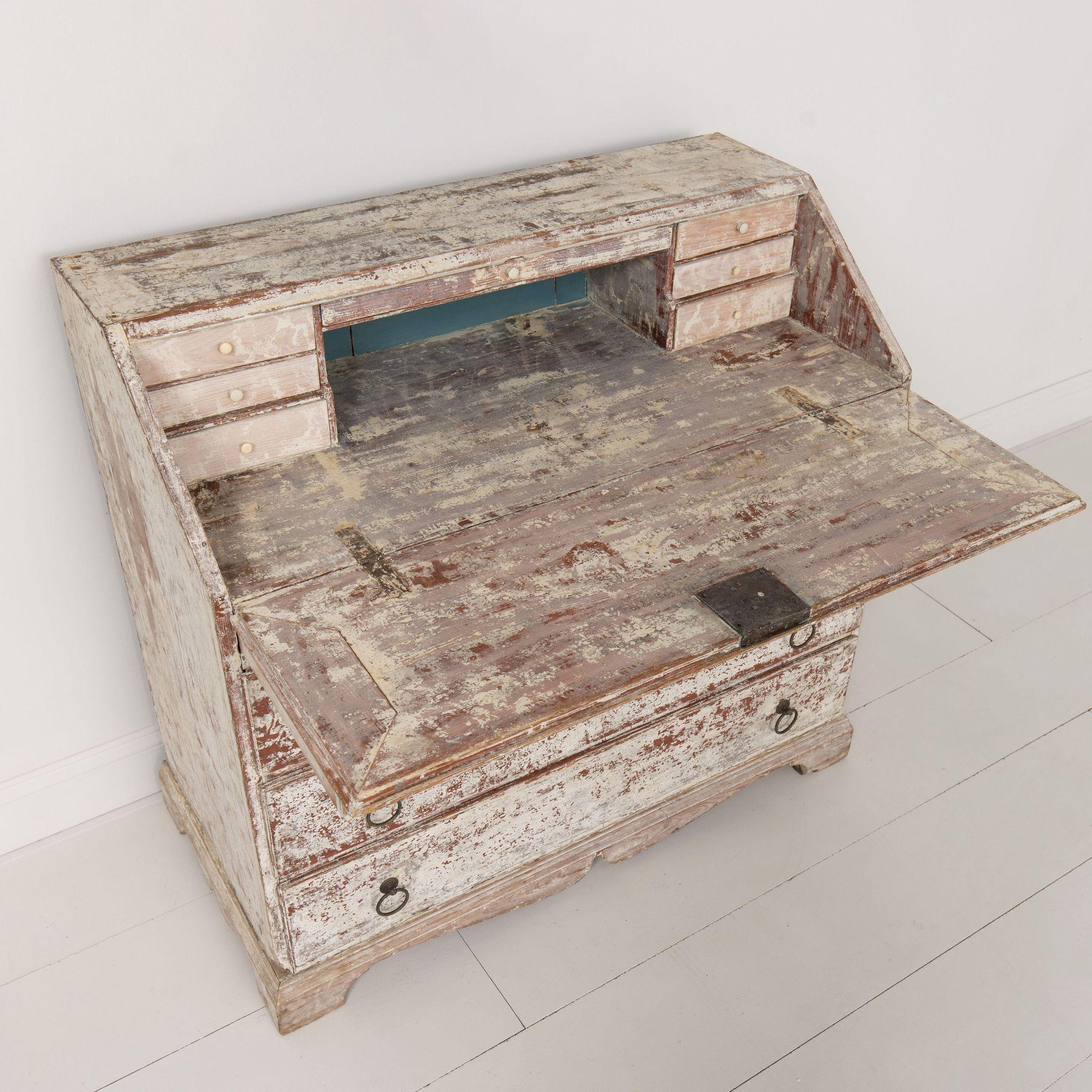 Hand-Carved 19th c. Swedish Bureau Desk / Secretary in Original Paint For Sale