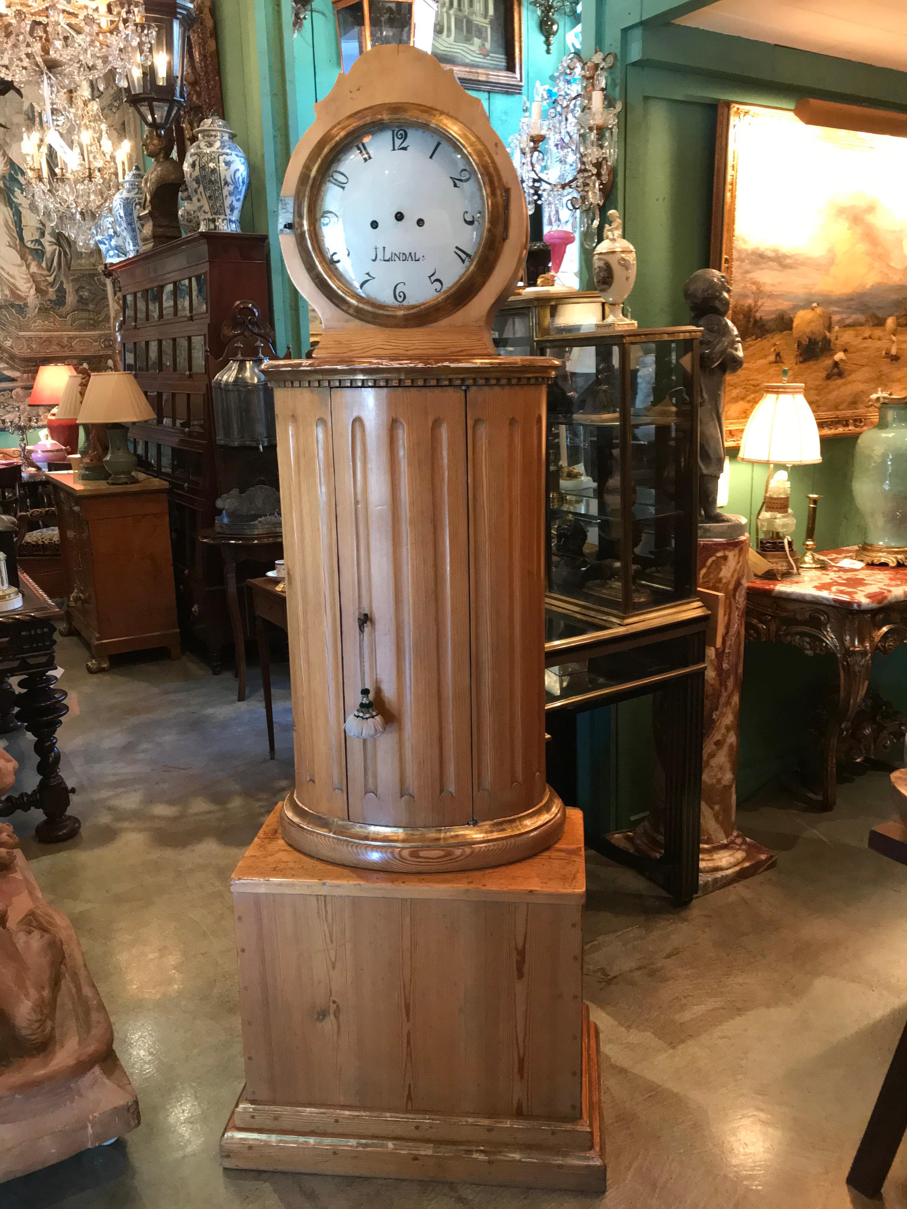 19th C. Swedish Carved Pine Wood Clock Grandmother Grandfather Long Case Antique . Freestanding hand carved pine wood clock with all the original mechanics and hardware , weights rack hook wheels strike flirt Pendulum Mainsprings the Dial hour hand