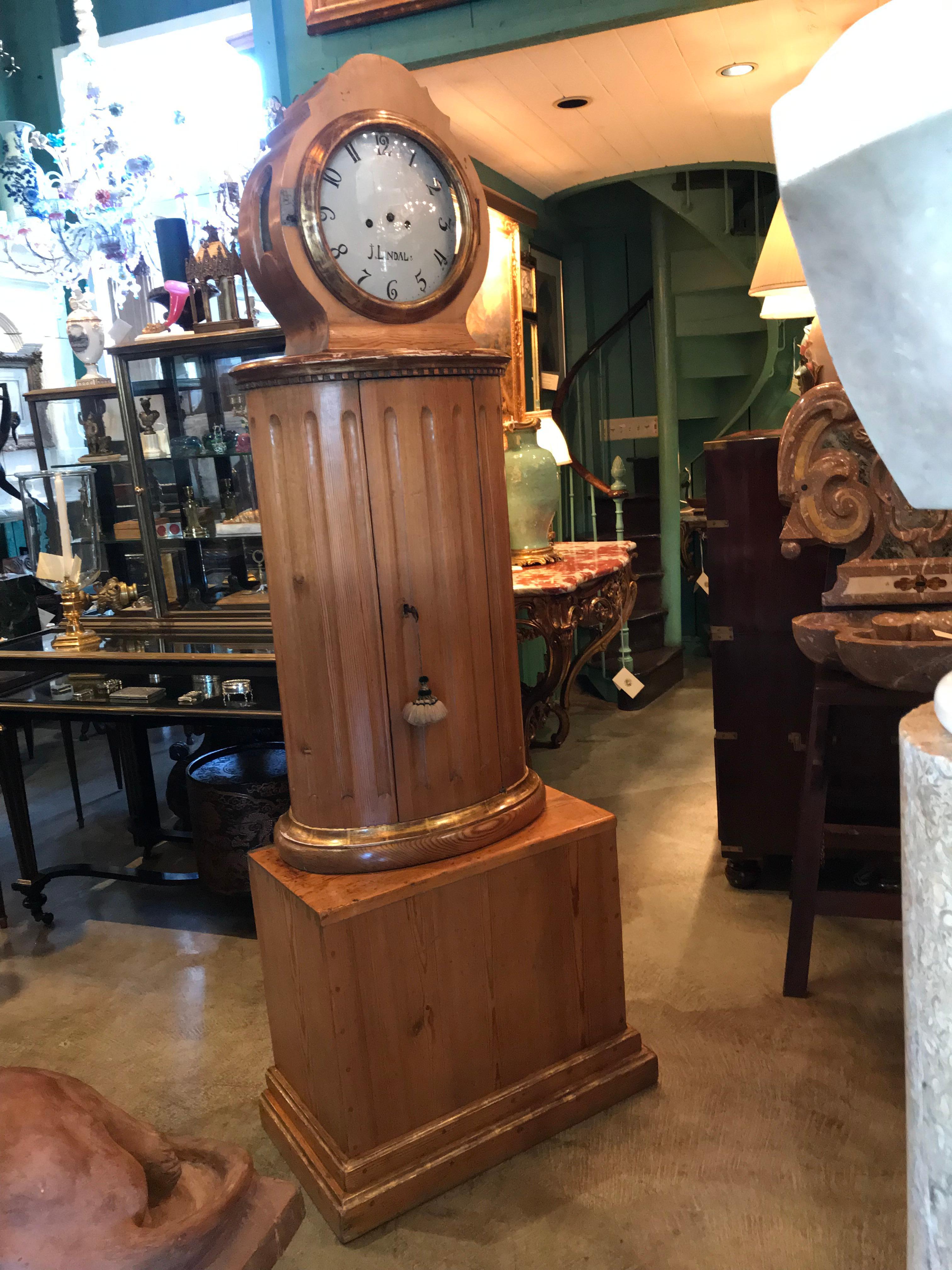 19th Century 19th C. Swedish Carved Pine Wood Clock Grandmother Grandfather Long Case Antique For Sale