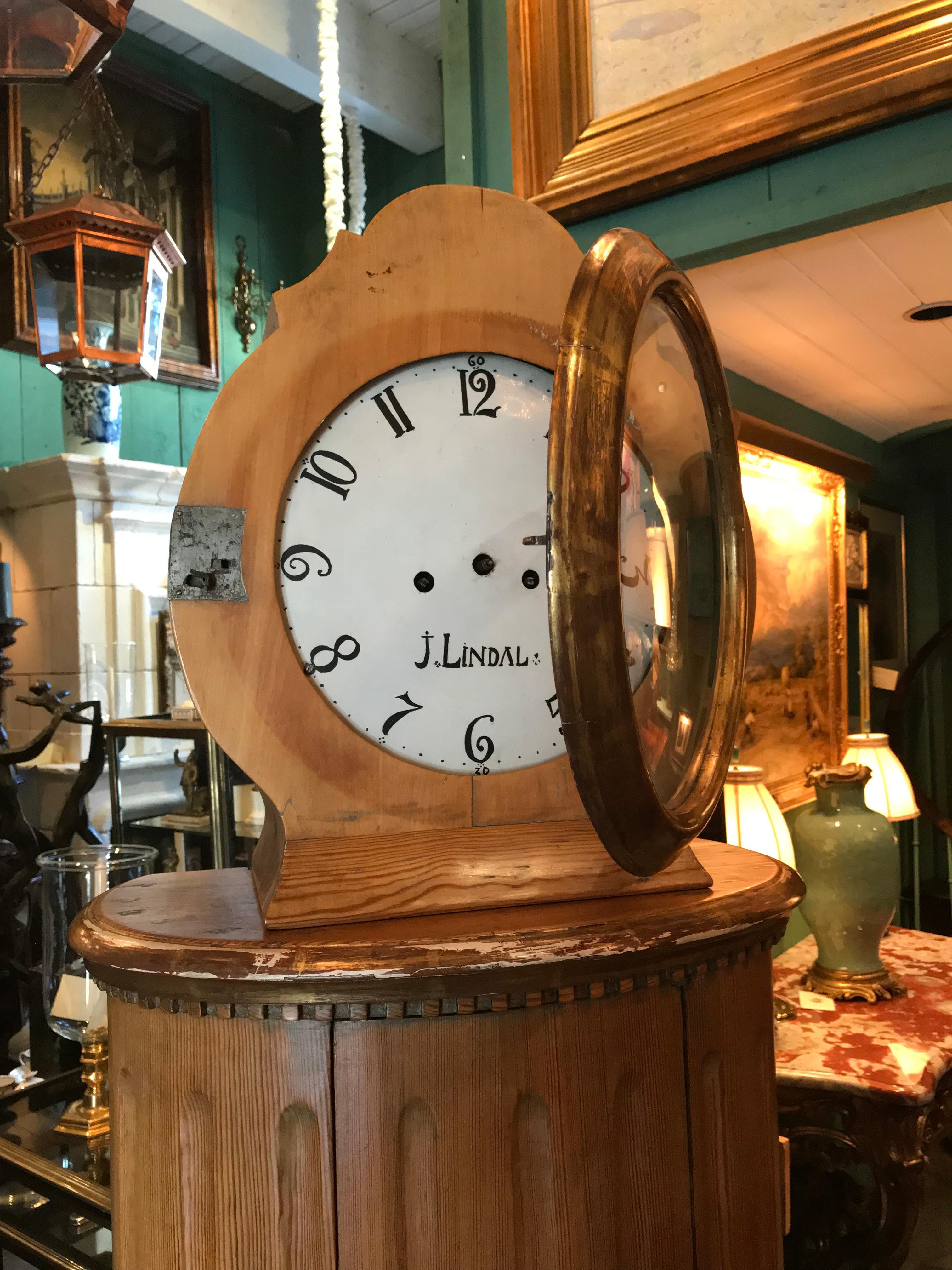 Metal 19th C. Swedish Carved Pine Wood Clock Grandmother Grandfather Long Case Antique For Sale