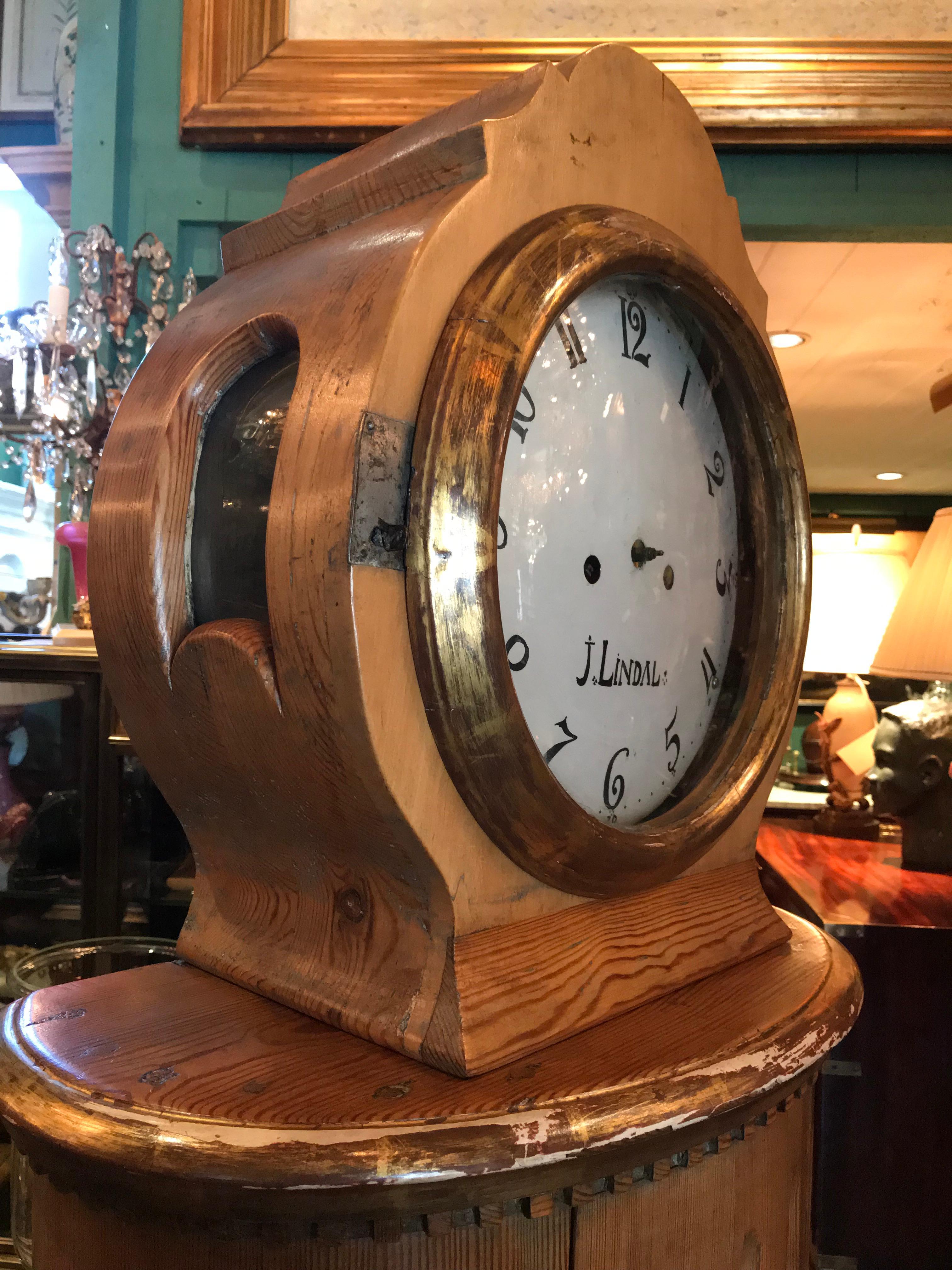 19th C. Swedish Carved Pine Wood Clock Grandmother Grandfather Long Case Antique For Sale 1